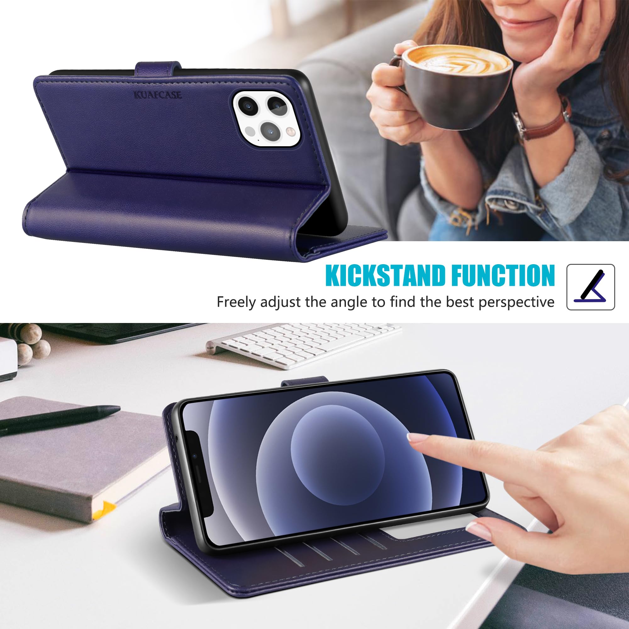 Kuafcase Compatible for iPhone 12 Pro Max Case with 4 Card Slots Magnetic Closure Kickstand Shockproof Protective Phone Case Compatible for iPhone 12 Pro Max - Image 4