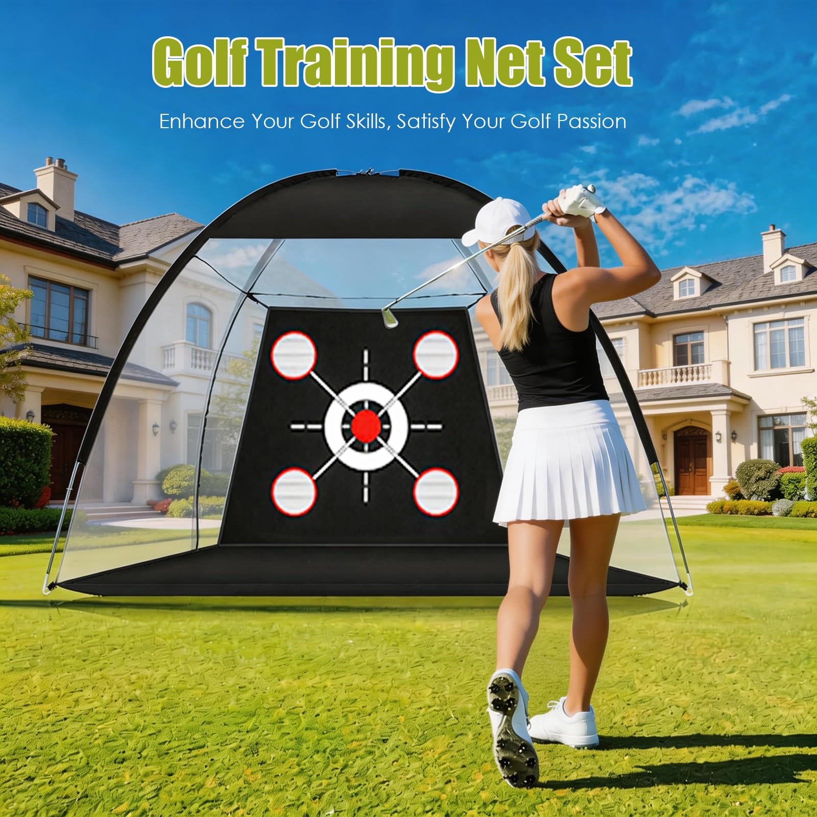 Red de prácticas de Golf con Alfombrilla, Kit de Entrenamiento portátil de 300x200cm con 3 Alfombrillas de golpeo, 10 Pelotas de Golf, Tees y Bolsa de Transporte para Uso en Interiores y Exteriores