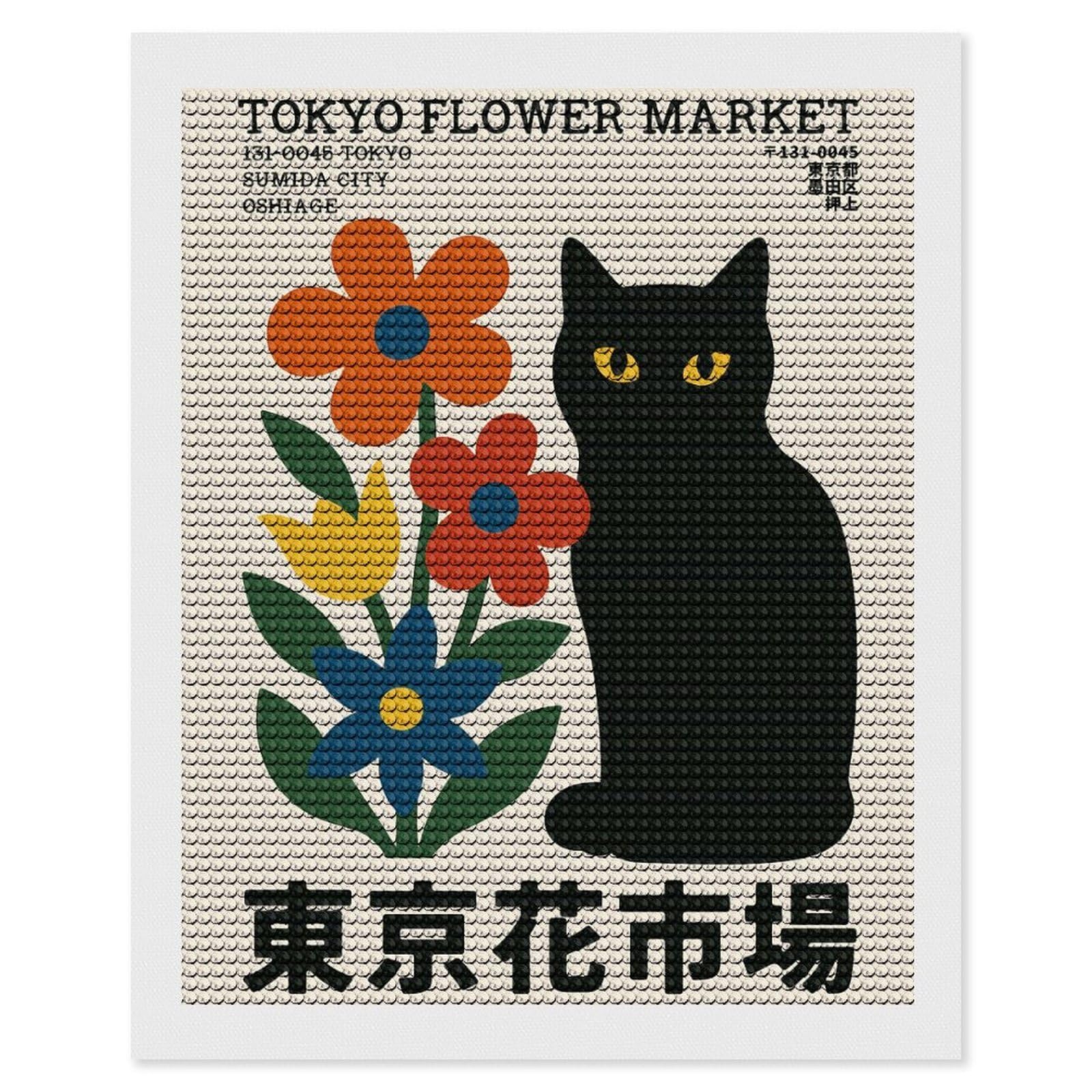 Junmoney Tokyo Flower Market Cat DIY Diamond Art Canvas Kit 16"x20", for Adults, Decorate Your Room, Gift Idea, Modern Decor, Finish and Display