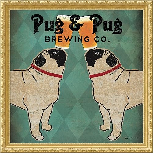 Amanti Art Framed Wall Art Print 36x36 Pug and Pug Brewing Square by Ryan Fowler, Animals Wall Art, Vintage Decor, Large Poster Painting Artwork for