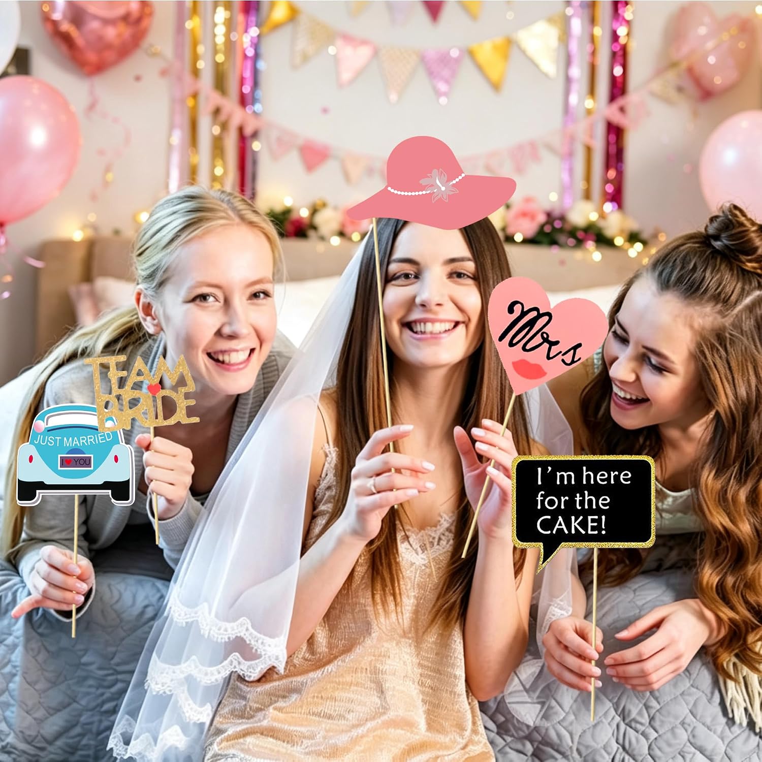 52 Pcs Wedding Photo Booth Props Kit, DIY Funny Bridal Shower Photo Props for Engagement Party Decorations with Sticks, Real Glitter Bachelorette Party Supplies for Girls and Women