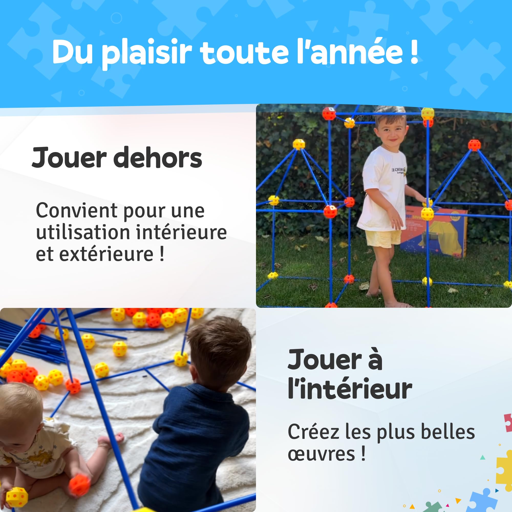 Kit Construction Cabane Enfant XL, 122 Pièces avec 76 Tiges & 46 Boules, Jouet STEM Créatif, Construire Fort, Tente & Château, Indoor & Outdoor, Sac de Rangement & E-Book Inclus