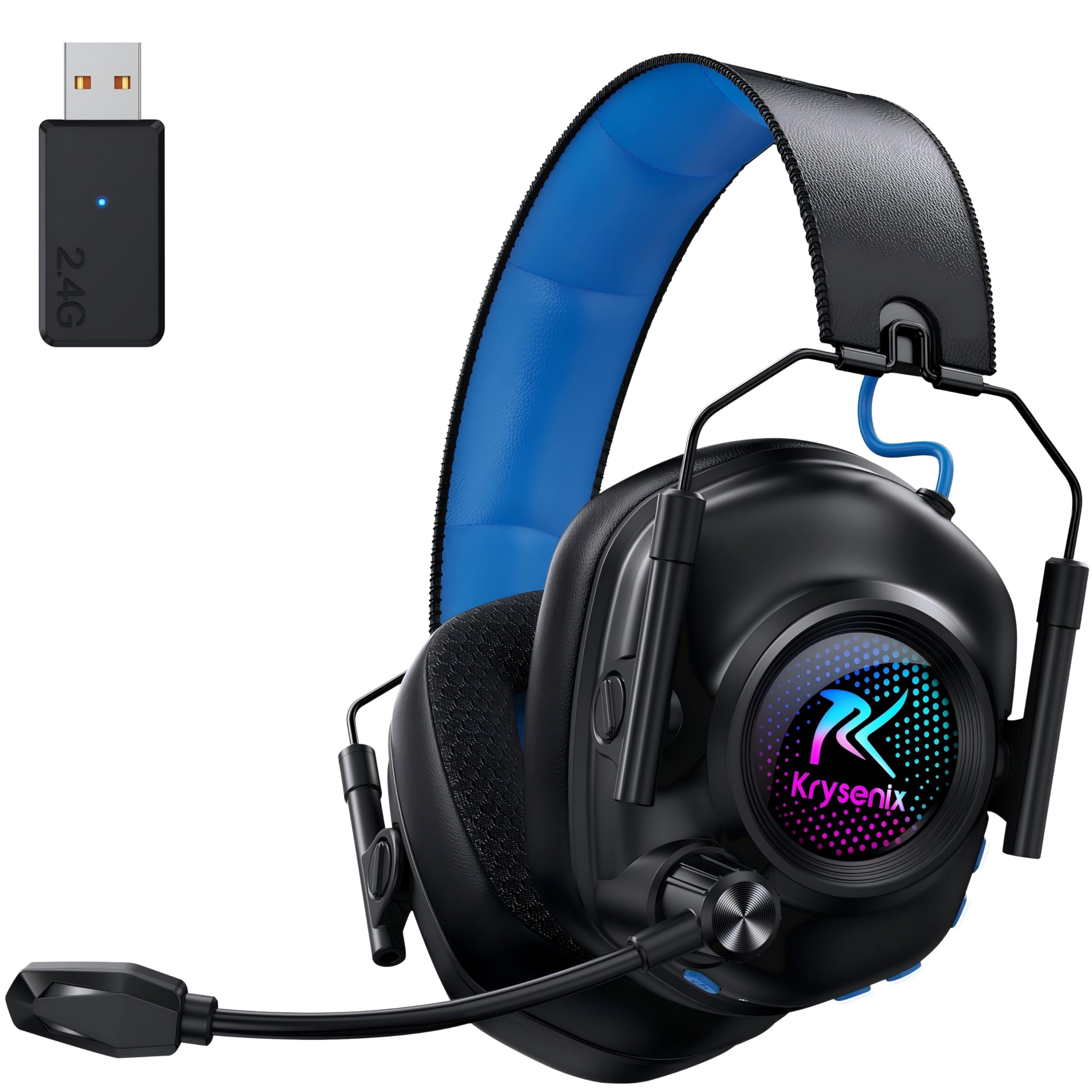 Krysenix KGH2 Casque Gaming sans Fil, 2,4 GHz Casque Gaming pour PS4, PS5, PC, Mac, Switch, Casque Bluetooth avec Microphone, Réduction du Bruit, éclairage LED, Noir Bleu