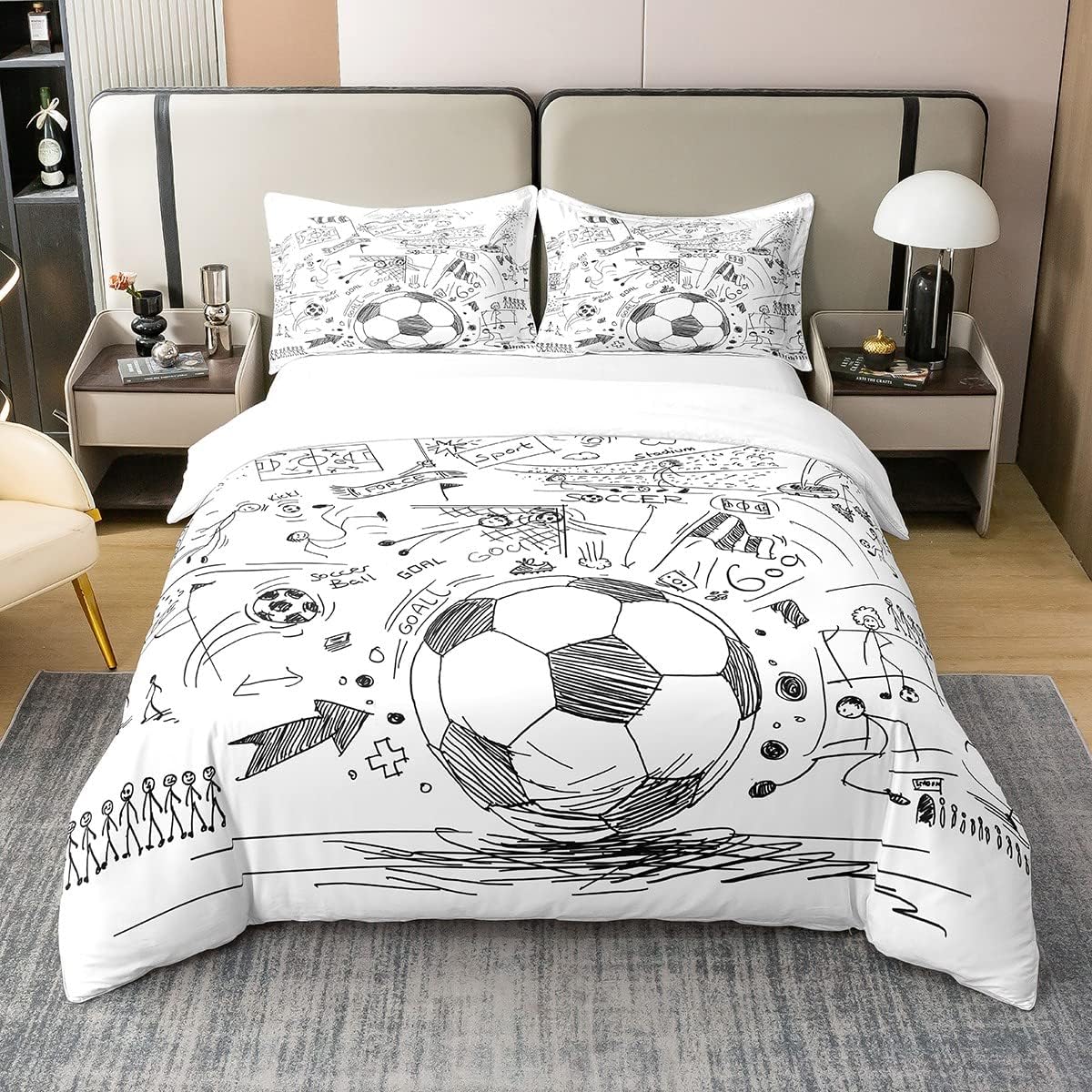 Homewish Bettbezug, 200 x 200 cm, aus Bio-Baumwolle, Bettwäsche, Fußballflagge, handgezeichnet, Bettwäsche für Teamsport aus Netzwerk, dekoratives Bettwäsche-Set, Weiß / Schwarz