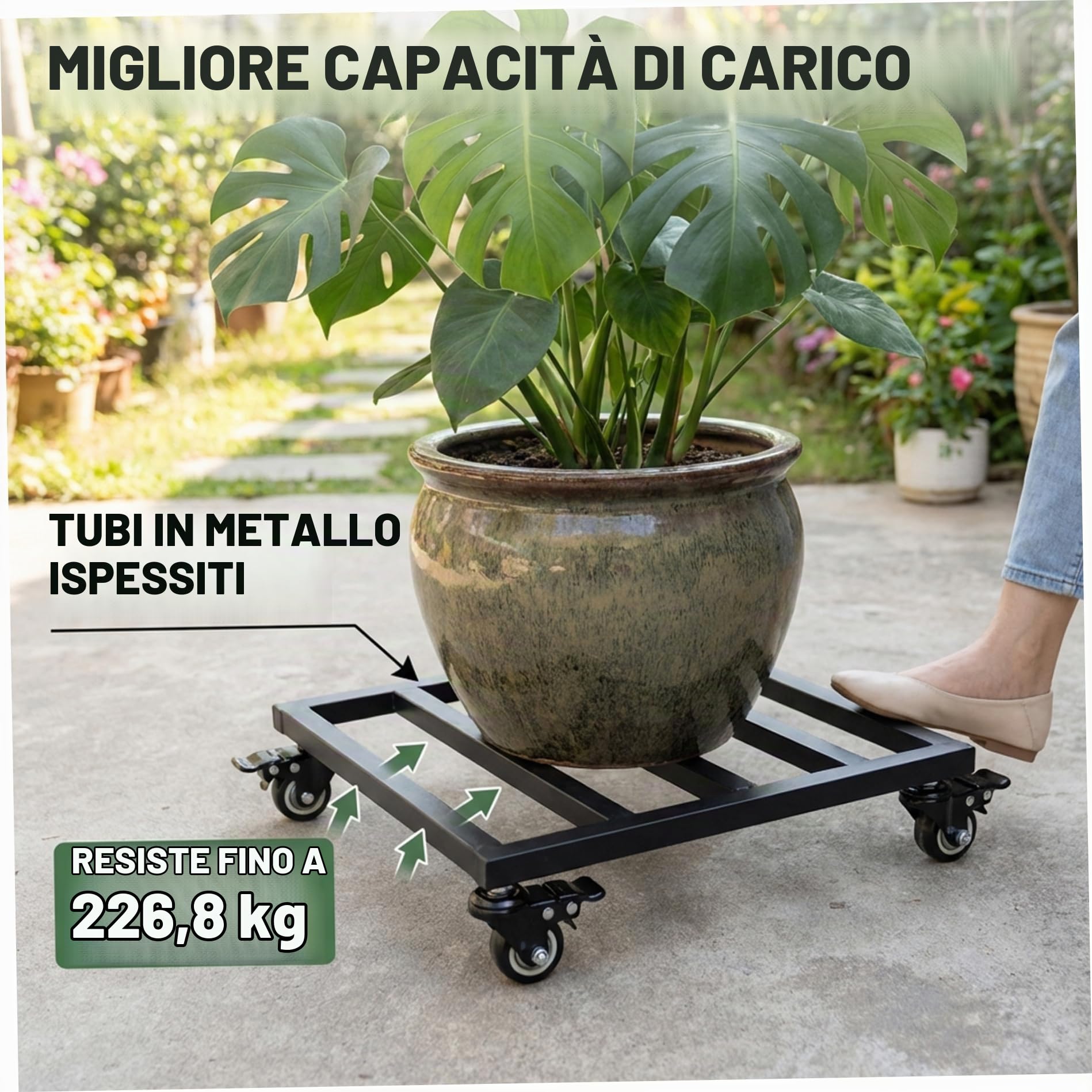 Supporto per Piante su Ruote in Metallo Resistente con rotelle bloccabili – Carrello per Piante con Ruote per vasi di Grandi Dimensioni per Interni ed Esterni, 14 Pollici (Nero)