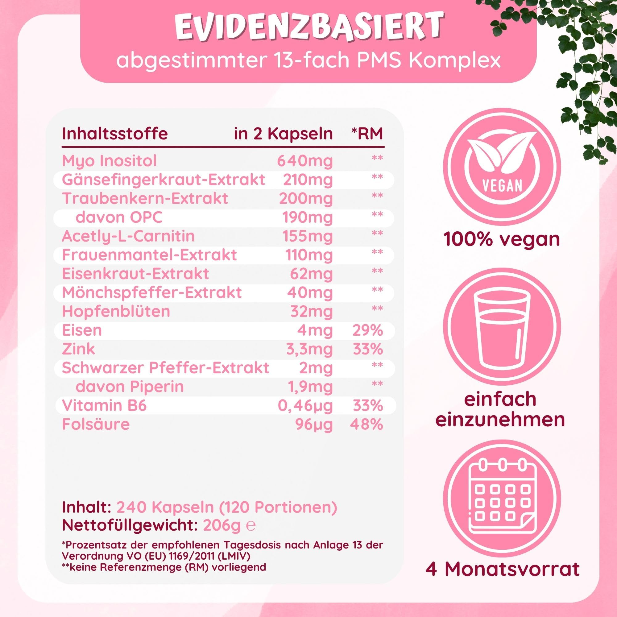 Hormon Balance Frauen PMS Kapseln - Myo-Inositol Mönchspfeffer hochdosiert | 240 PMS Komplex Hormone Balance Kapseln - Myo-Inositol OPC Gänsefingerkraut Acetyl-L-Carnitin Frauenmantel Mönchspfeffer & B6