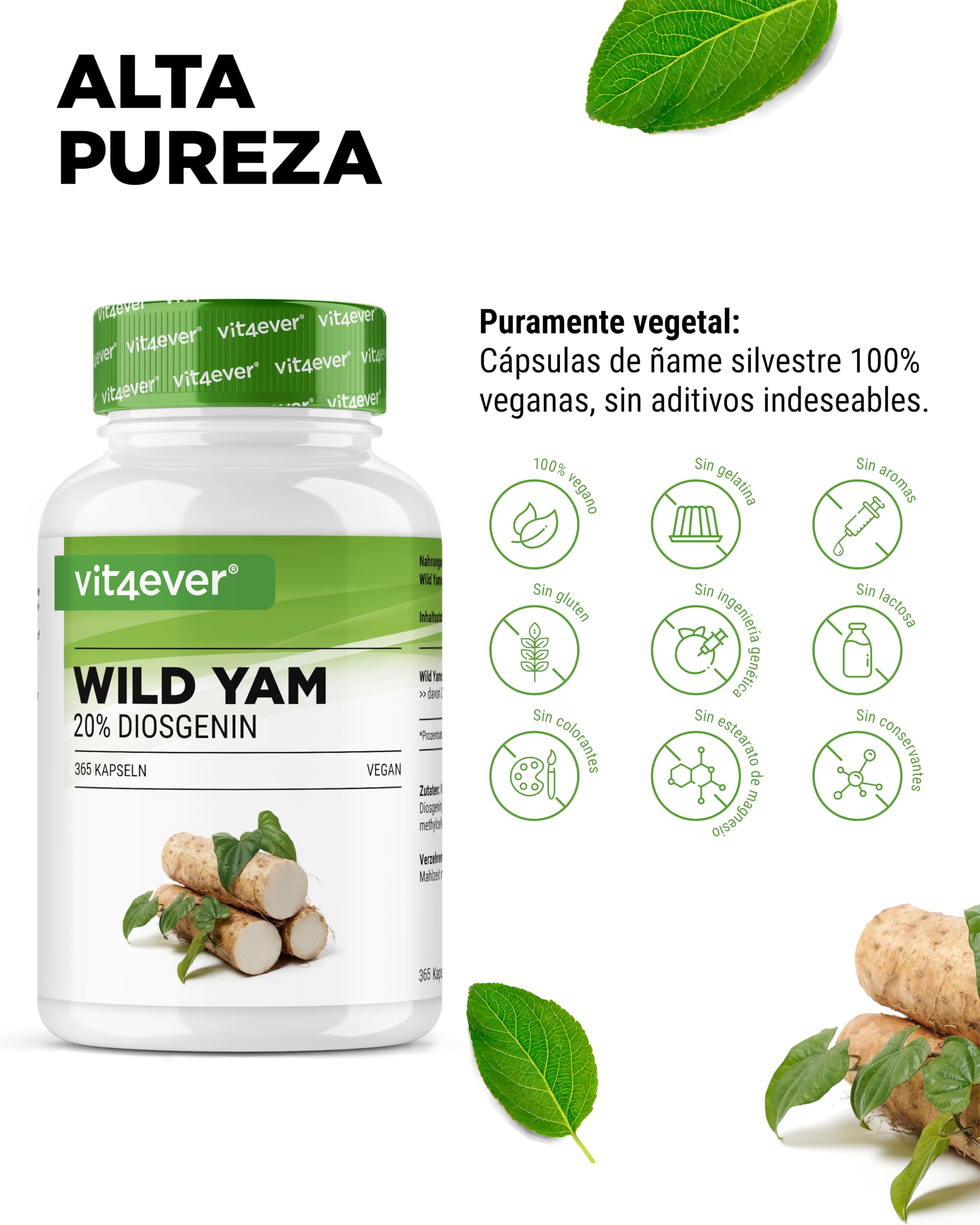 Wild Yam Root Extract - 365 cápsulas - Original Mexican Wild Yam Root - Altamente dosificado con 880 mg de extracto (incluyendo 176mg de diosgenina) por dosis diaria - Vegano