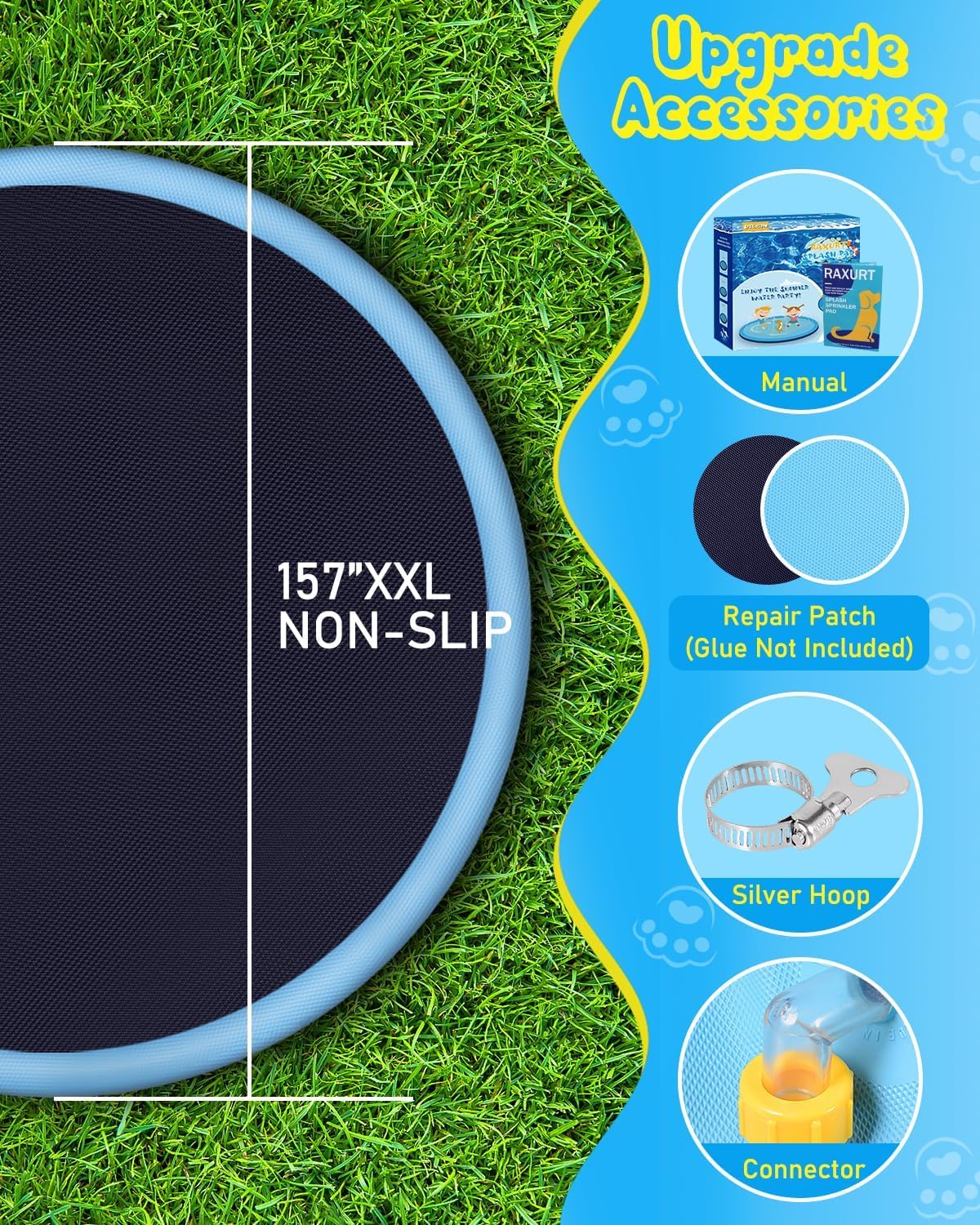 Raxurt Splash Pad for Kids and Dogs, 157'' Super Large Anti-Slip Splash Sprinkler Pad for Baby Toddler, Thicken Splash Pad Dog Pool Summer Outdoor Water Toys
