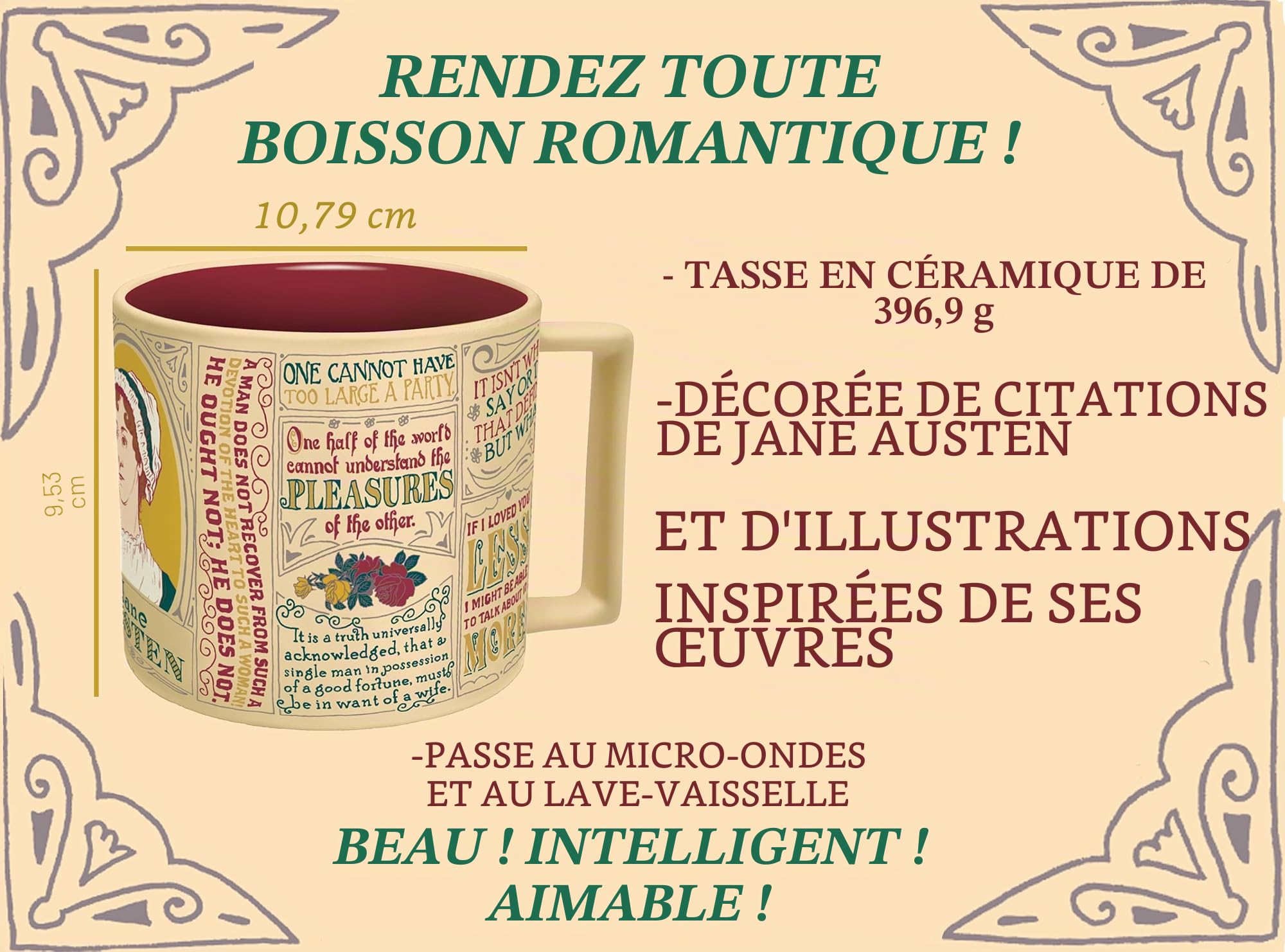 Jane Austen Tasse à café | Tasse à café et à thé littéraire d'environ 350 ml | Tasse XXL | Tasse à café Jane Austen | Cadeau pour anniversaire, Noël, Saint-Valentin