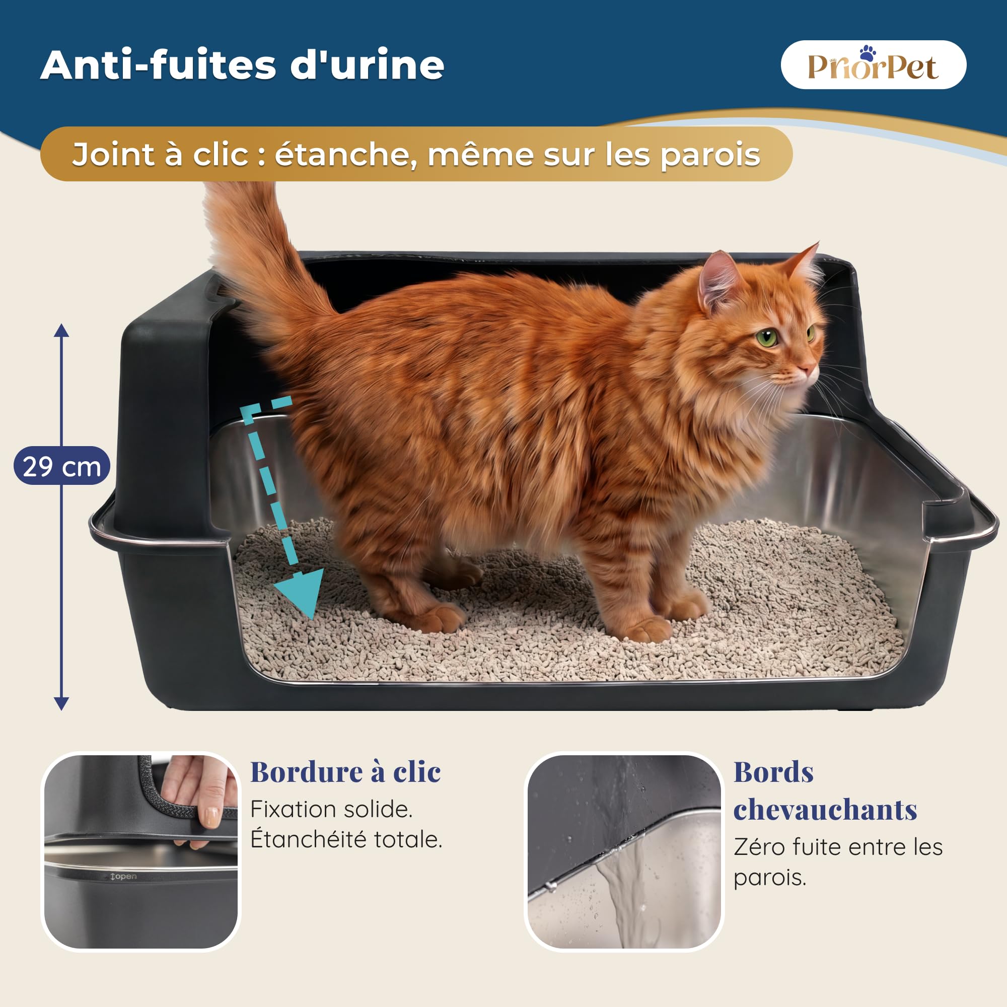 Bac à litière Chat INOX XXL Noir Mat – Facile à Nettoyer, Anti-odeurs – Litière avec Bords Hauts, 38L – Anti-Fuite, antiadhésif – avec Pelle et Tapis
