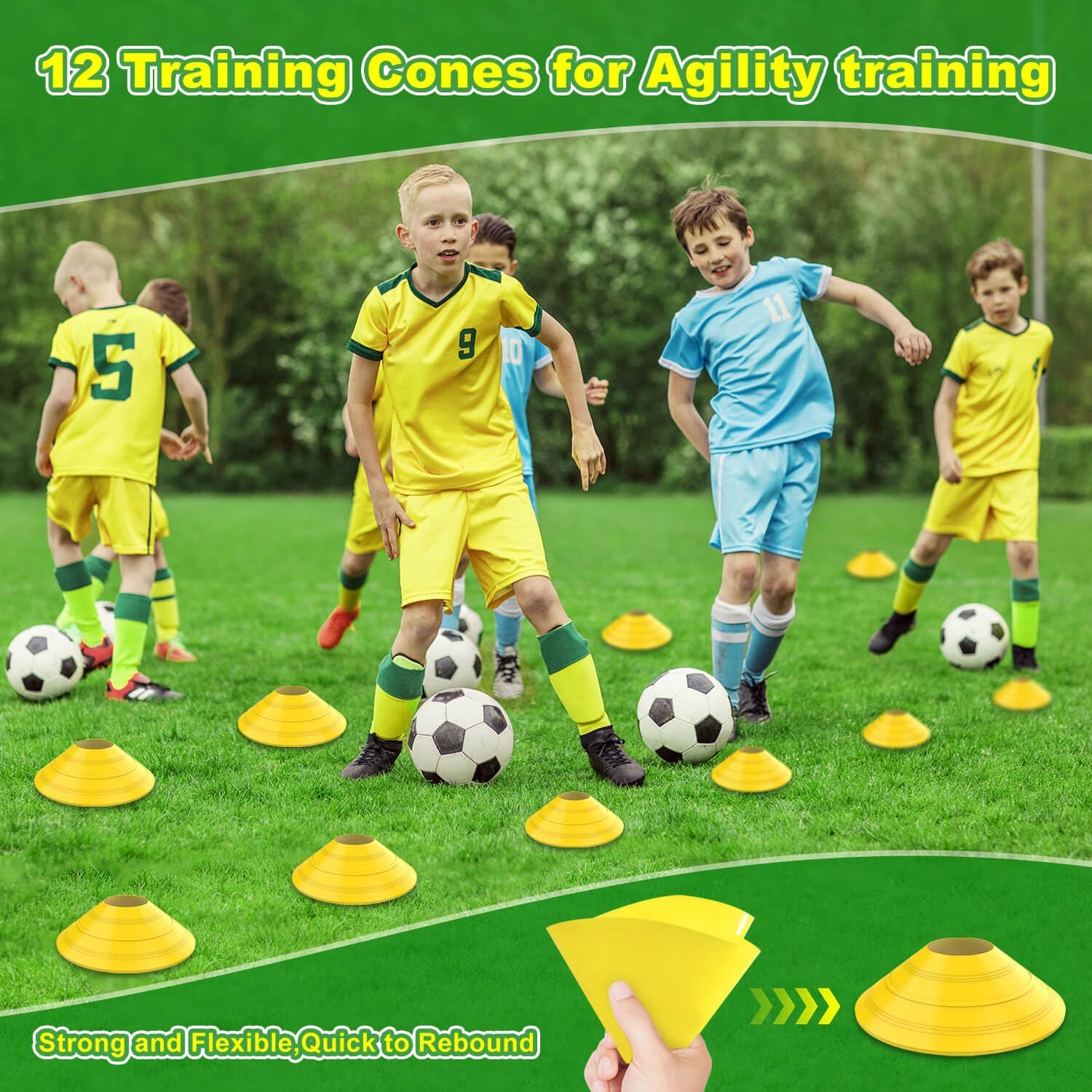 Soccer Goal, 12×6 ft /16×7 ft Portable Soccer Goals Net for Backyard, Quick Setup Training Equipment with 1 Carry Bag, 4 Ground Nails, 12 Training Cones