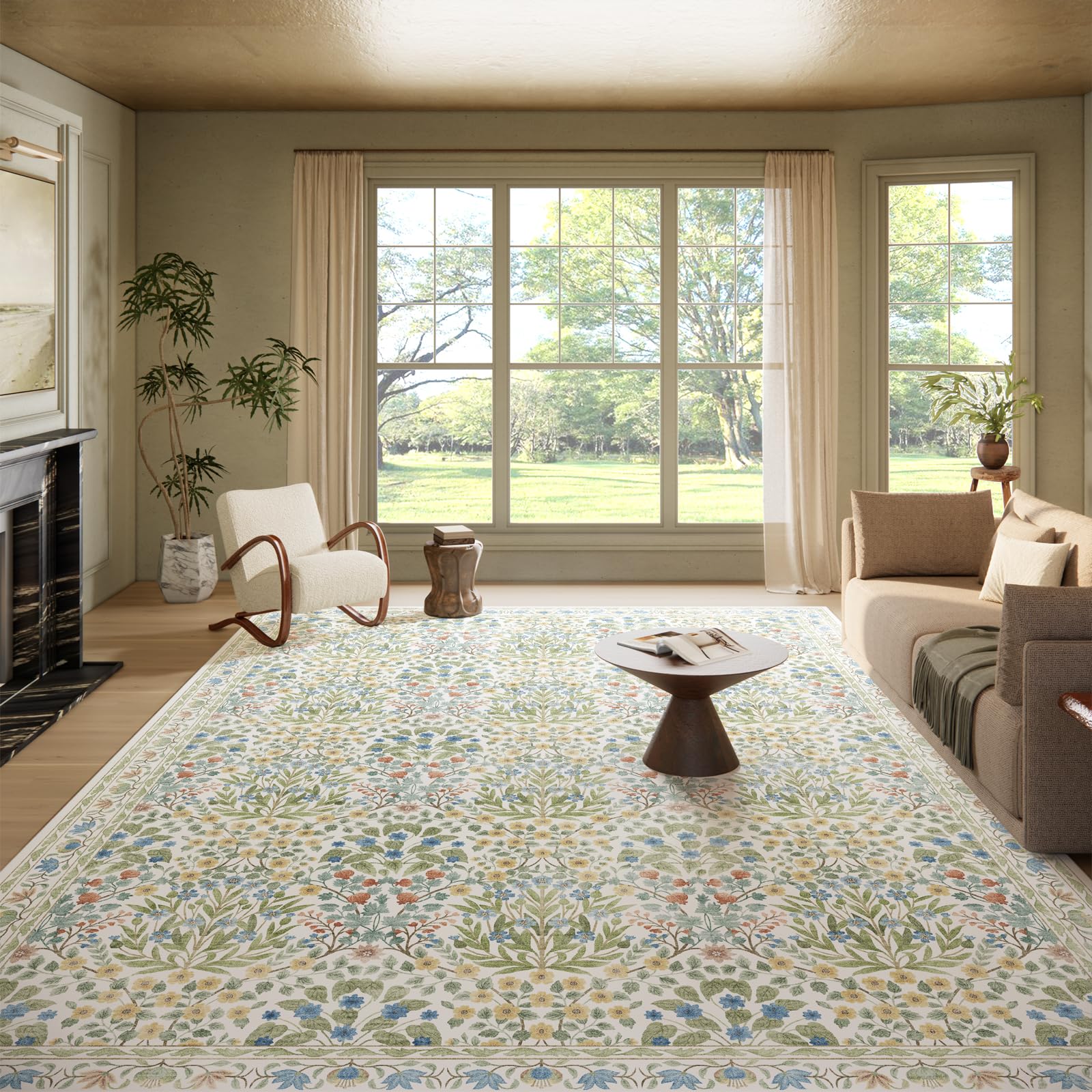 Washable 9x12 Area Rug - Light Green Vintage Floral for Living Room, Dining Room Under Table &amp; Bedroom - Soft Low Pile, Non-Slip &amp; Stain Resistan