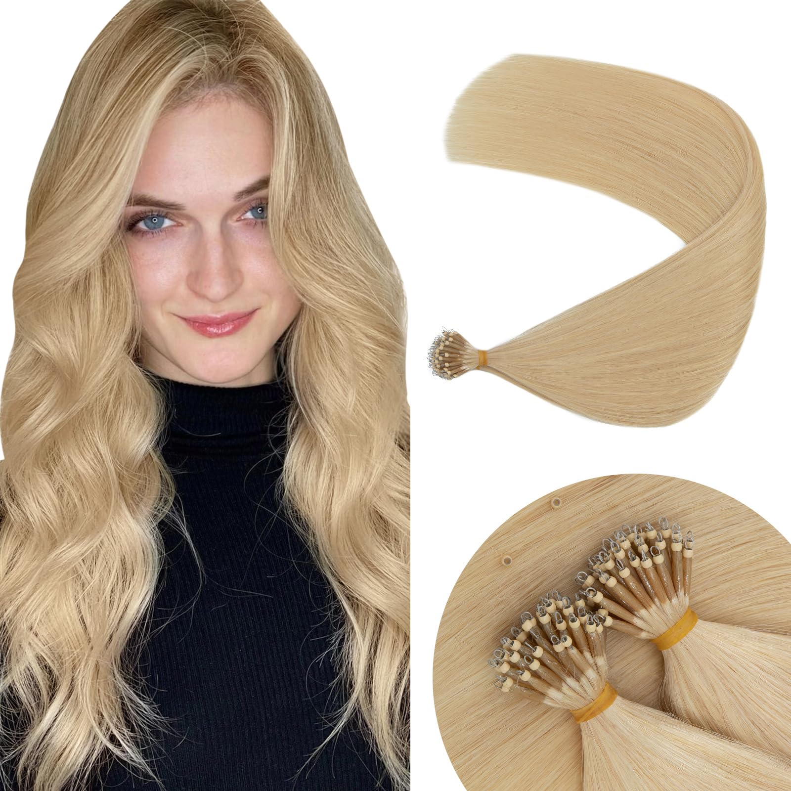 Elailite Blonde Hair Extensions Real Human Hair Nano Ring Beads Cold Fusion 50 Strands 50g Straight (#613 Bleach Blonde, 14 Inch)