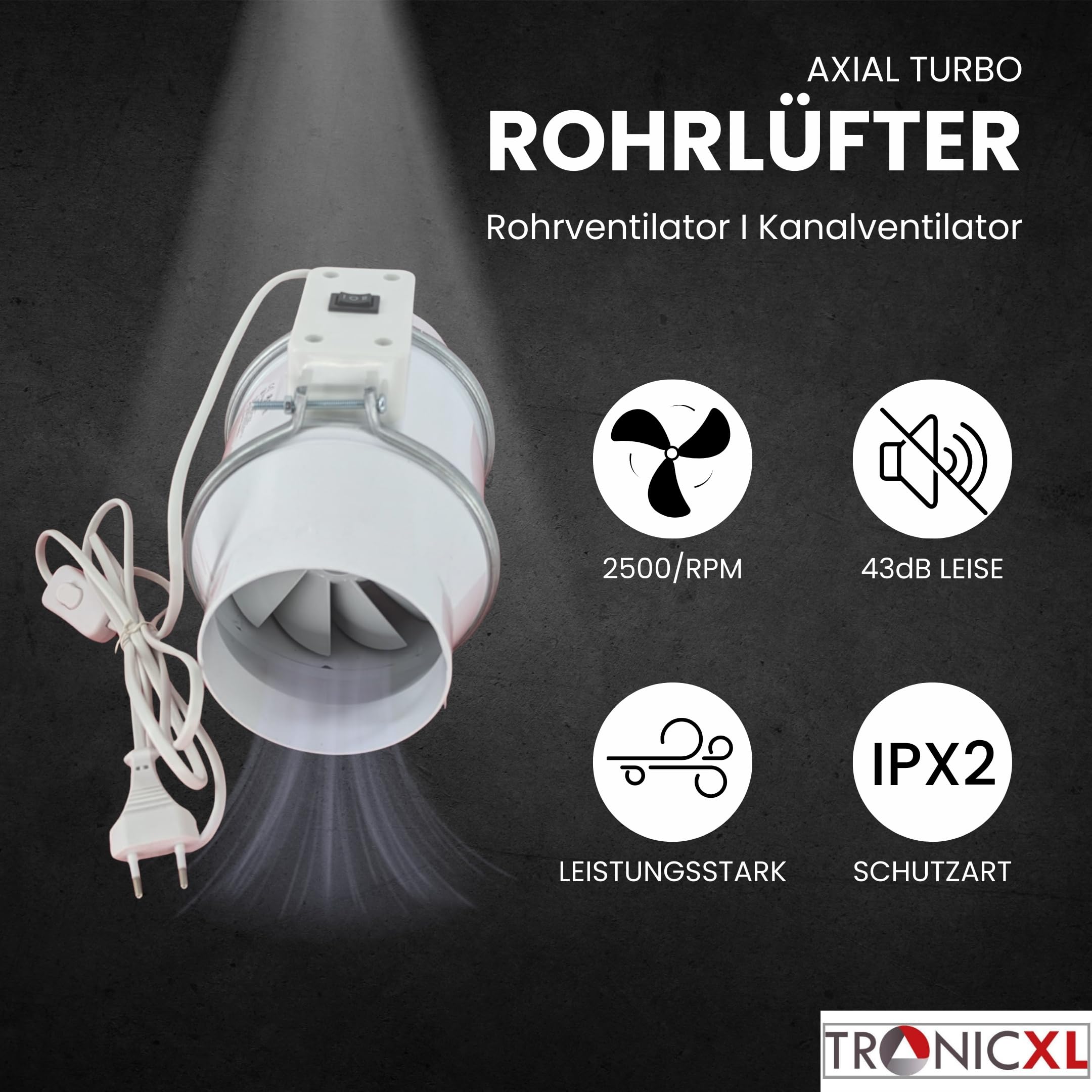TronicXL Turboventilator Axial Rohrventilator regelbar mit Ein Ausschalter und Kabel 100mm leise Rohrlüfter Abluftventilator Abluft Zuluft Grow Lüfter Ventilator für Homebox Growbox Growschrank