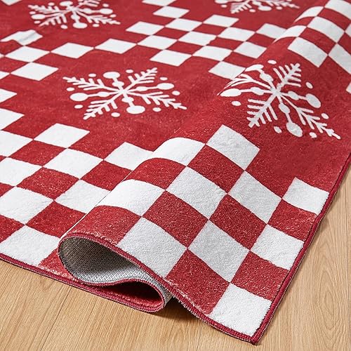Miniatura 3 de WondRg Alfombra de Navidad de 3 x 5 pulgadas, tapete de puerta de copo de nieve rojo, lavable, antideslizante, decoración de vacaciones, alfombra de