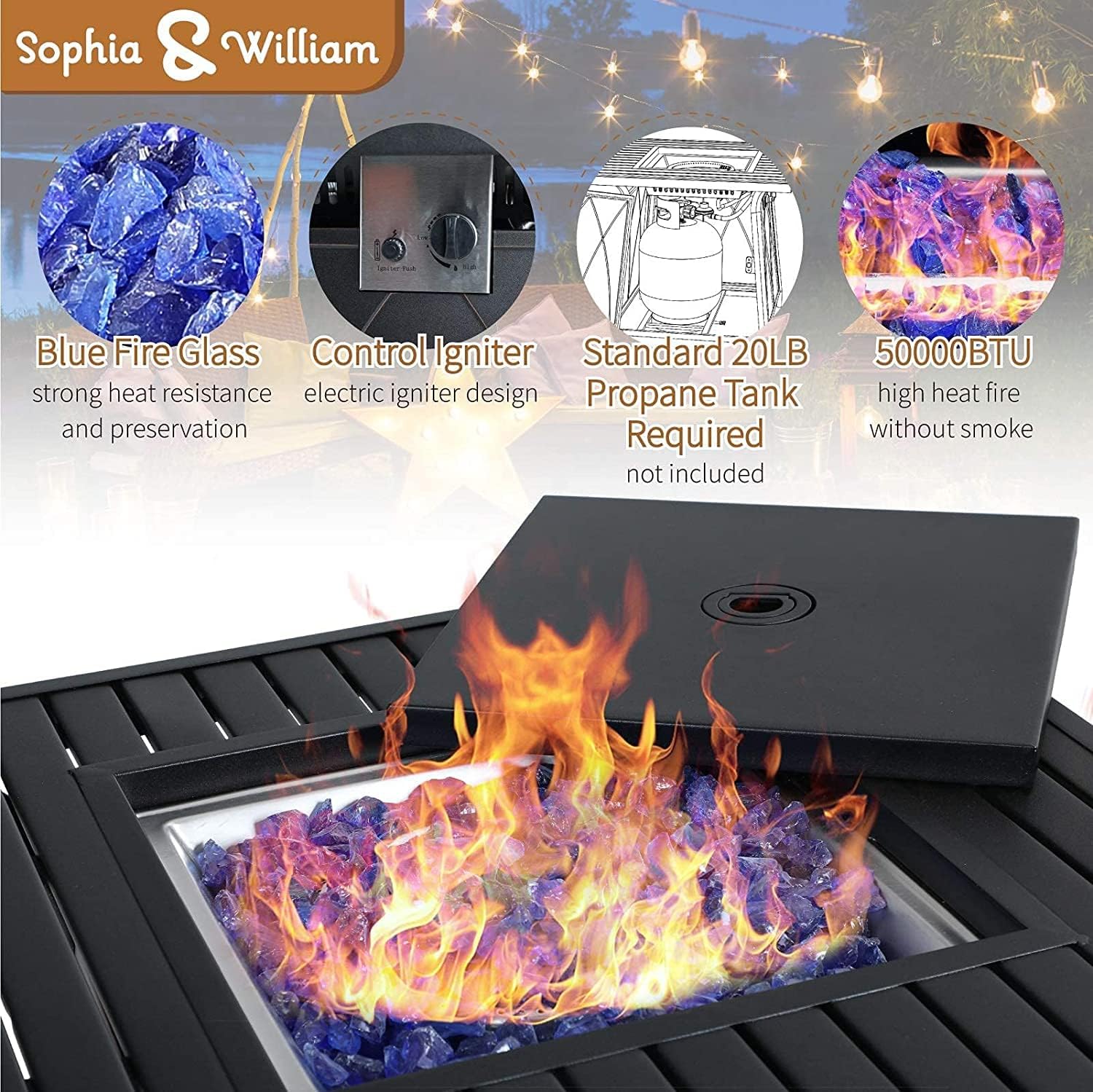 Sophia & William 5 Pieces Patio Dining Set with Gas Fire Pit Table Outdoor Patio Furniture 28" Propane Fire Pit Table 50,000 BTU Auto-Ignition, 4 Patio Swivel Chairs for Lawn Garden Yard Black