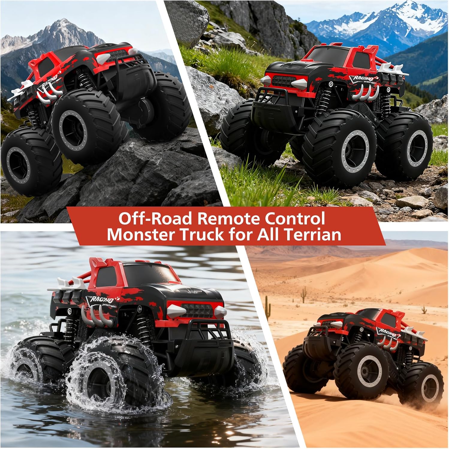 HOMETALL Amphibious Remote Control Car Monster Truck Toys - 1:16 All Terrain RC Trucks High Speed RC Cars with Crashworthy Body,Off- Road Electric Vehicle Kid Toys for Boys and Girls,Age 6+,Red