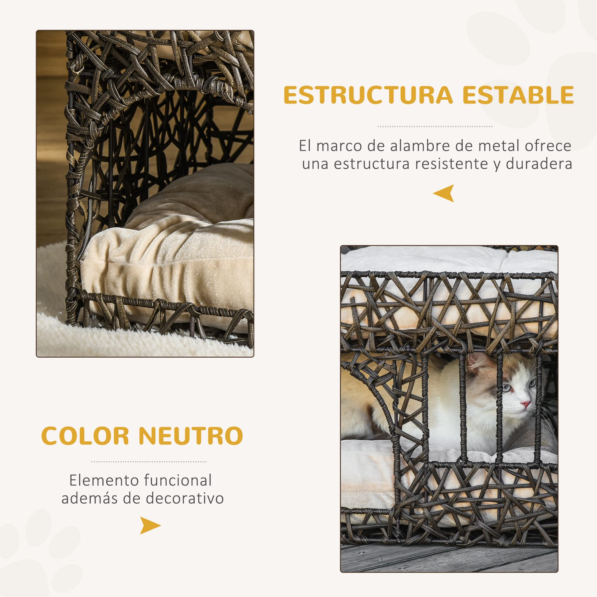 PawHut Cesta de Ratán para Gatos con 2 Cojines 56x41x45 cm Café Oscuro | Suaves, Ventana de 2 Alturas, Cama Cueva de Gatos