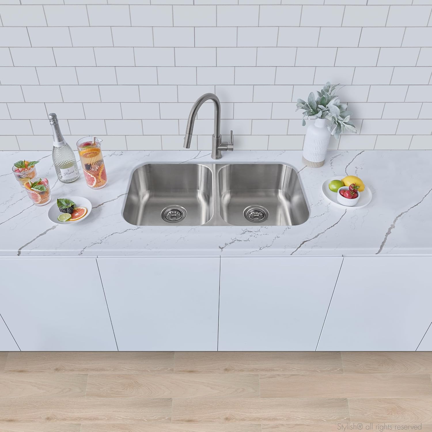 Stylish 31.25 x 18 Inch Drop in or Undermount Kitchen Sink with Sound Guard Padding 9 Inches Deep Double Bowl 18 Gauge Stainless Steel Sink with Standard Metal Strainer, S-200T