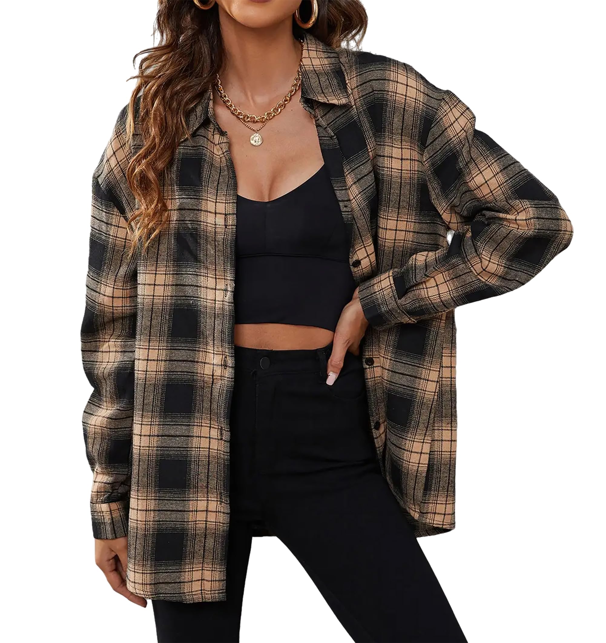 Oyamiki Womens Casual Cuffed Long Sleeve Boyfriend Button Down Plaid Flannel Shirt Tops