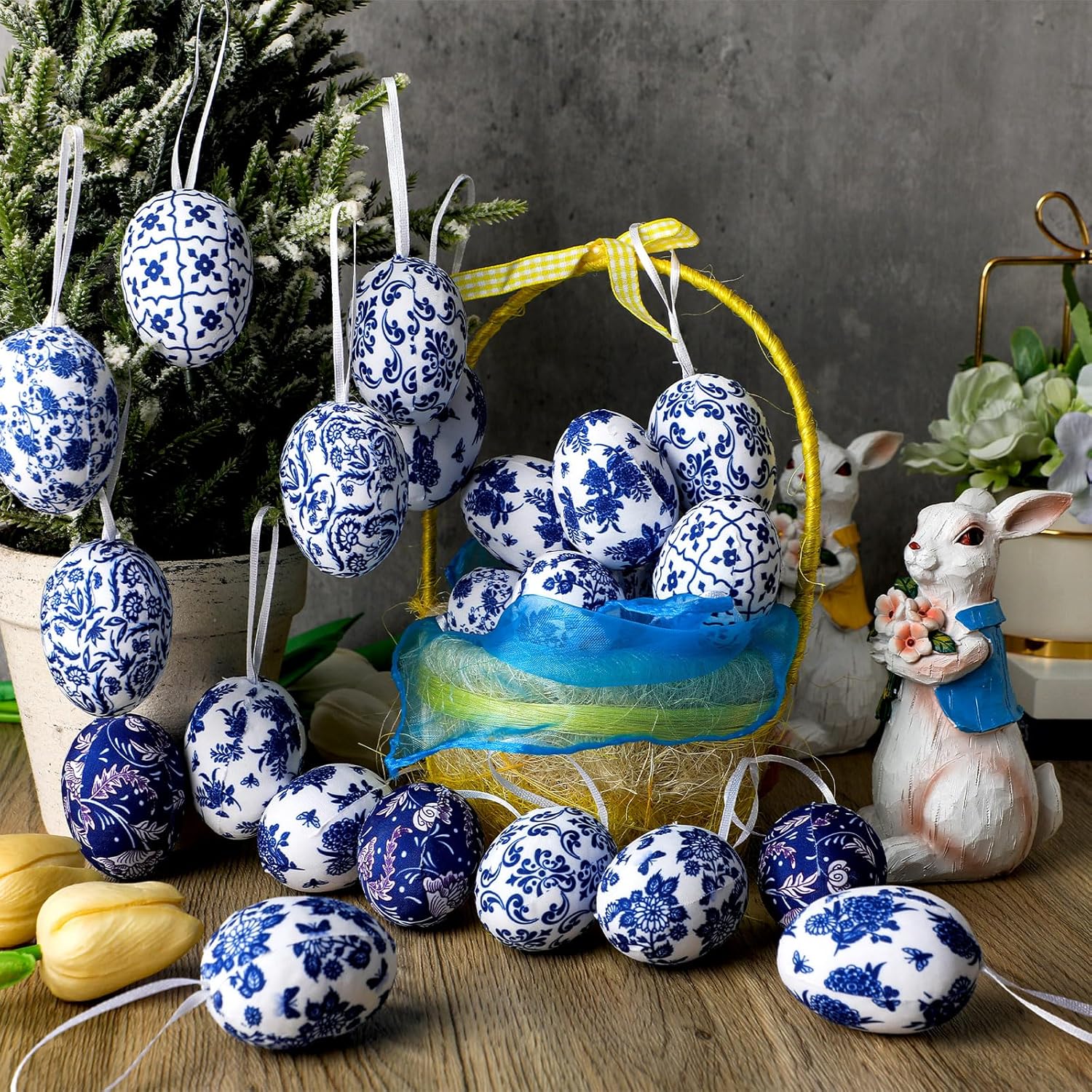 Liliful 24 Pcs Easter Chinoiserie Eggs Hanging Ornaments Blue and White Chinoiserie Decor Easter Tree Hanging Ornaments Fabric Wrapped Decorative Mini Eggs for Spring Home Garden Party Decoration