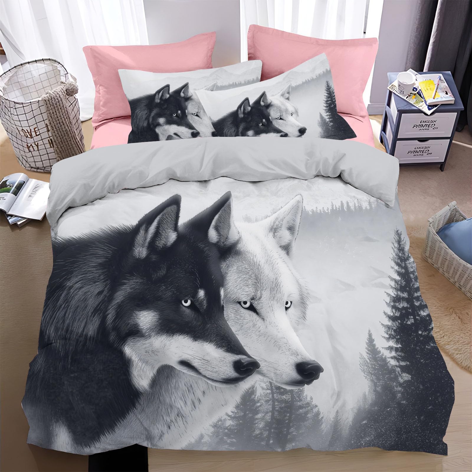 Housse de couette loup sauvage 220x240 cm en microfibre avec 2 taies de oreiller pour lit double