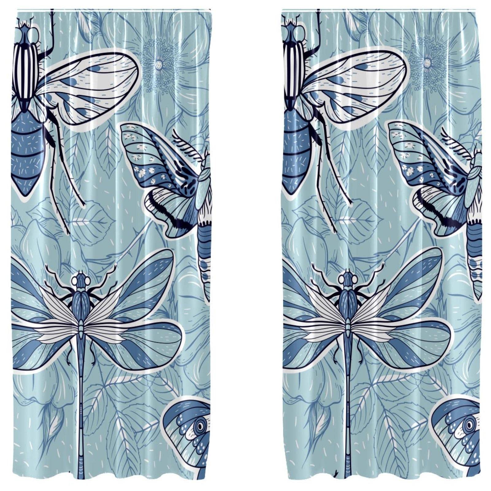 Voilage à passe-tringle avec motif insecte bleu, lot de 2 rideaux de 140x213 cm