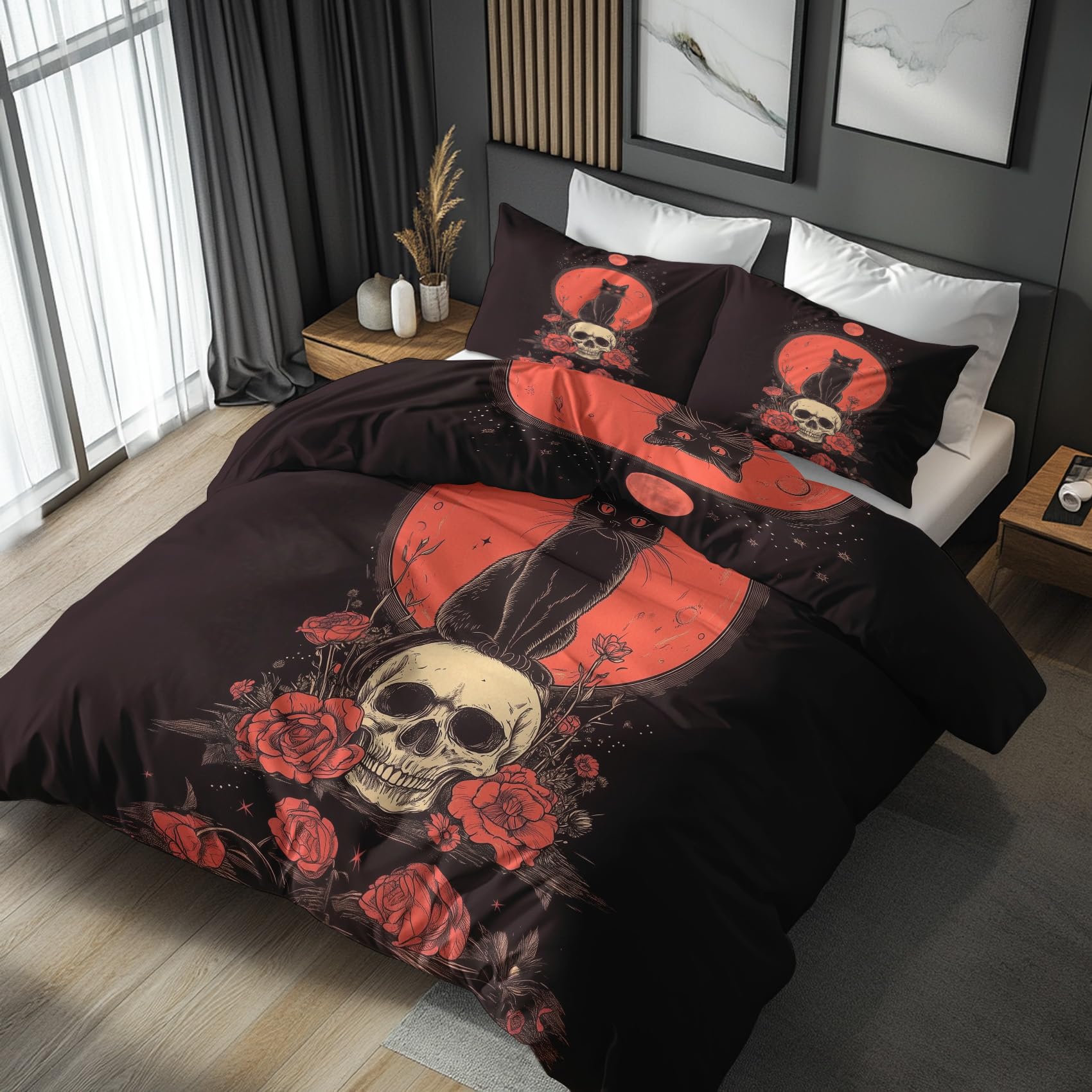NOGAWA Black Cat King Size Duvet Cover Sets - Gothic Skull Bedding Set - Reversible Quilt Cover & 2 Pillowcases with Zip and Ties, Ultra Soft and Non Iron Brushed Microfibre Bed Set 230x220