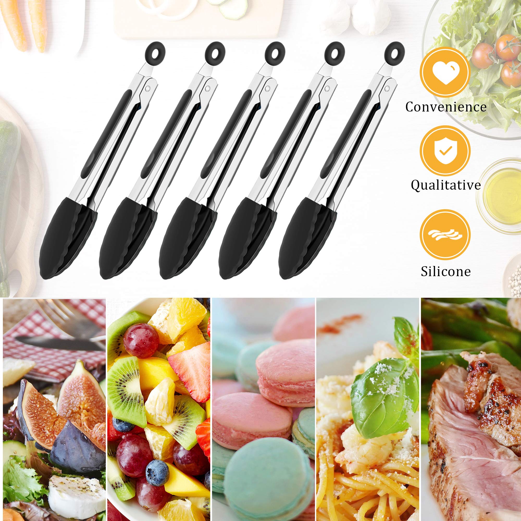 Ustensiles de cuisine 5 pièces Mini pinces en silicone Petites pinces en silicone de 7 pouces Mini pinces de cuisine de service avec embouts en silicone Petites pinces de service Pinces de cuisson en