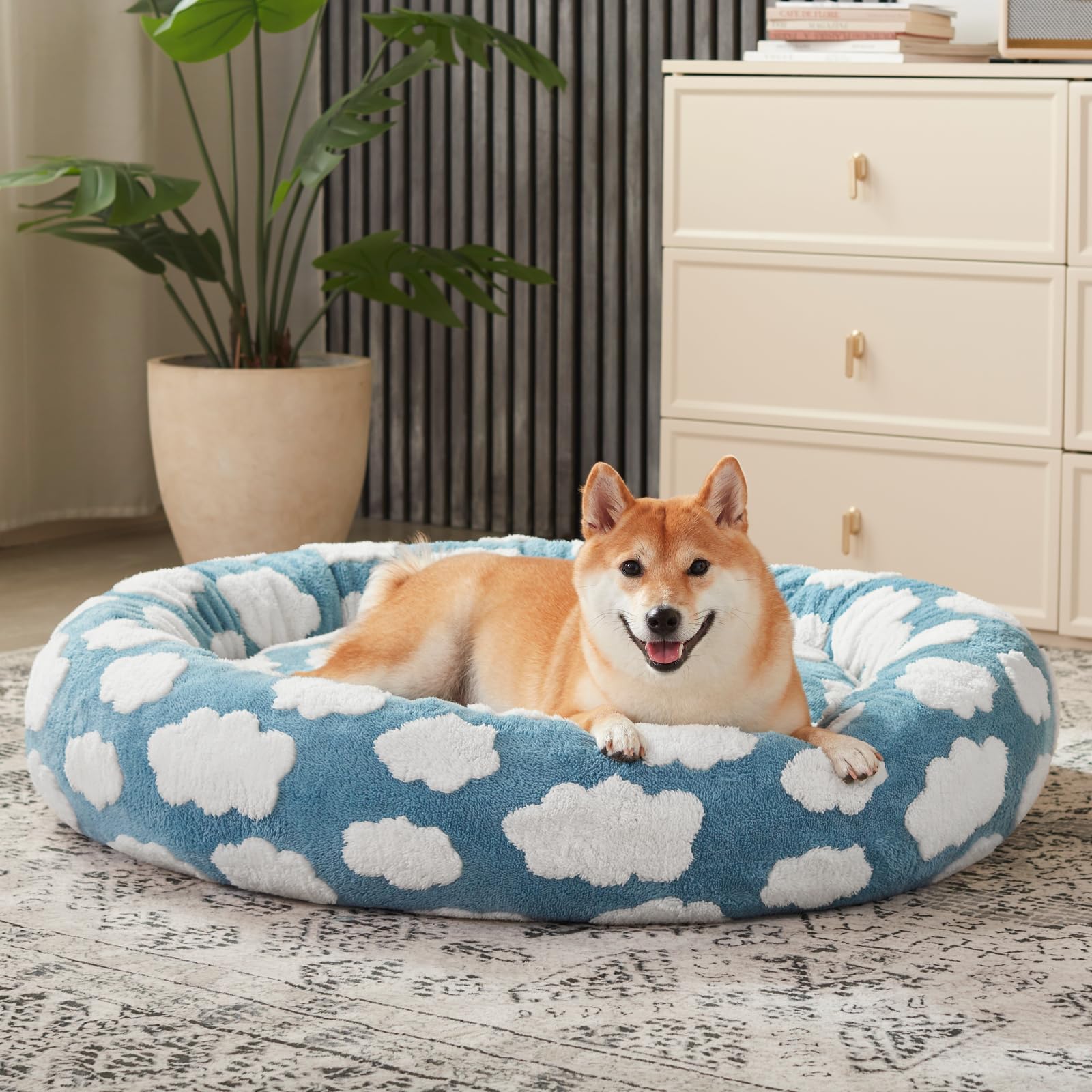 JOEJOY Donut Beruhigendes kleines Hundebett, rundes Katzenbett für Hauskatzen mit abnehmbarem, waschbarem Bezug, 58 cm, orthopädisches, niedliches Welpen-Kätzchen-Haustierbett mit Jacquard-Plüsch