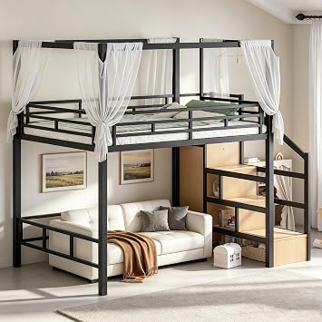 Bellemave Full Size Loft Bed with Stairs and Wardrobe,Heavy Duty Metal Loft Bed Frame with Canopy for for Kids,Teens,Adults,Natural Wood