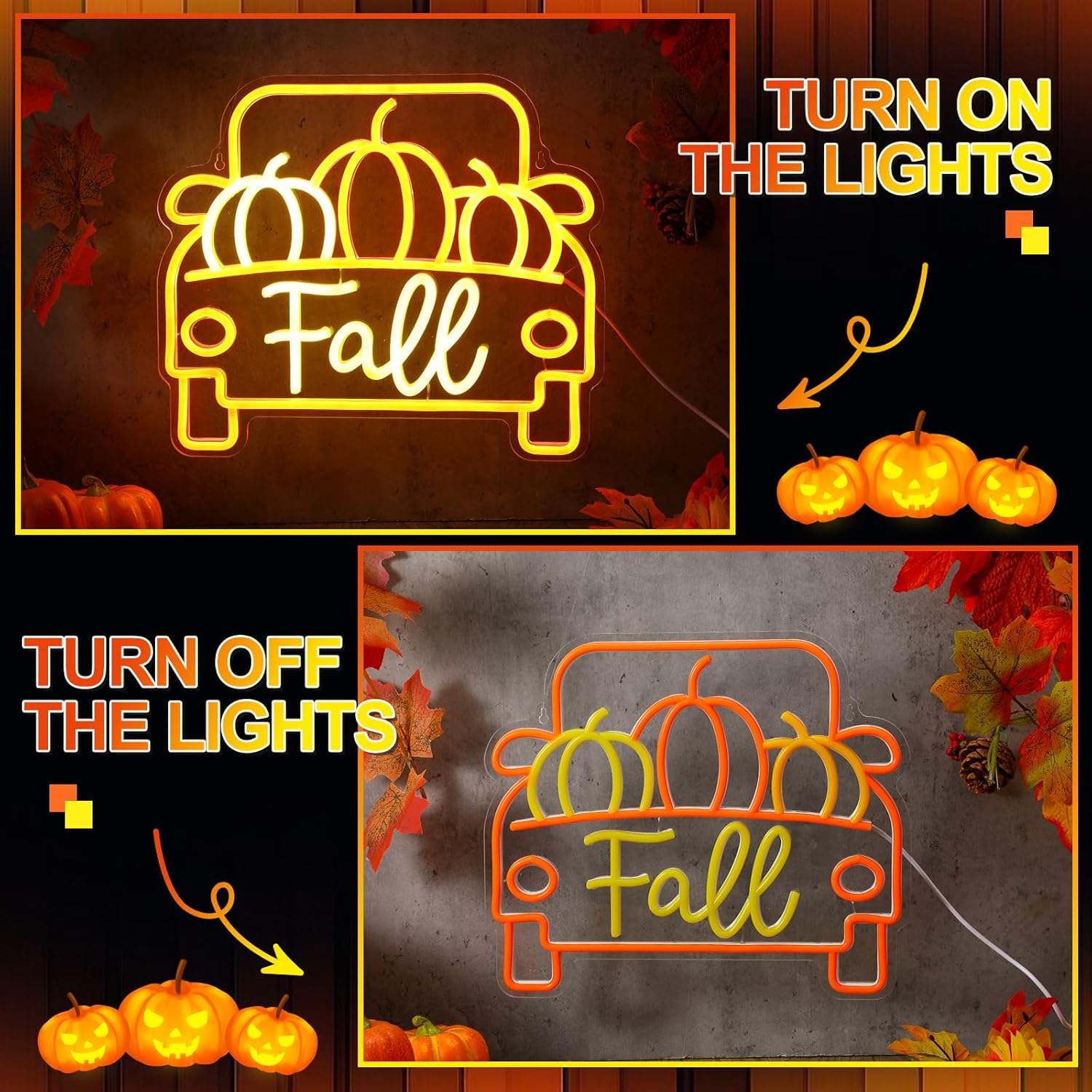 Thanksgiving Fall Neon Sign Autumn Decor Pumpkin Truck LED Lights Thanksgiving Window Lights Decorations USB Wall Bar Living Room Decor for Autumn Room Bedroom Party Holiday Gifts Decoration