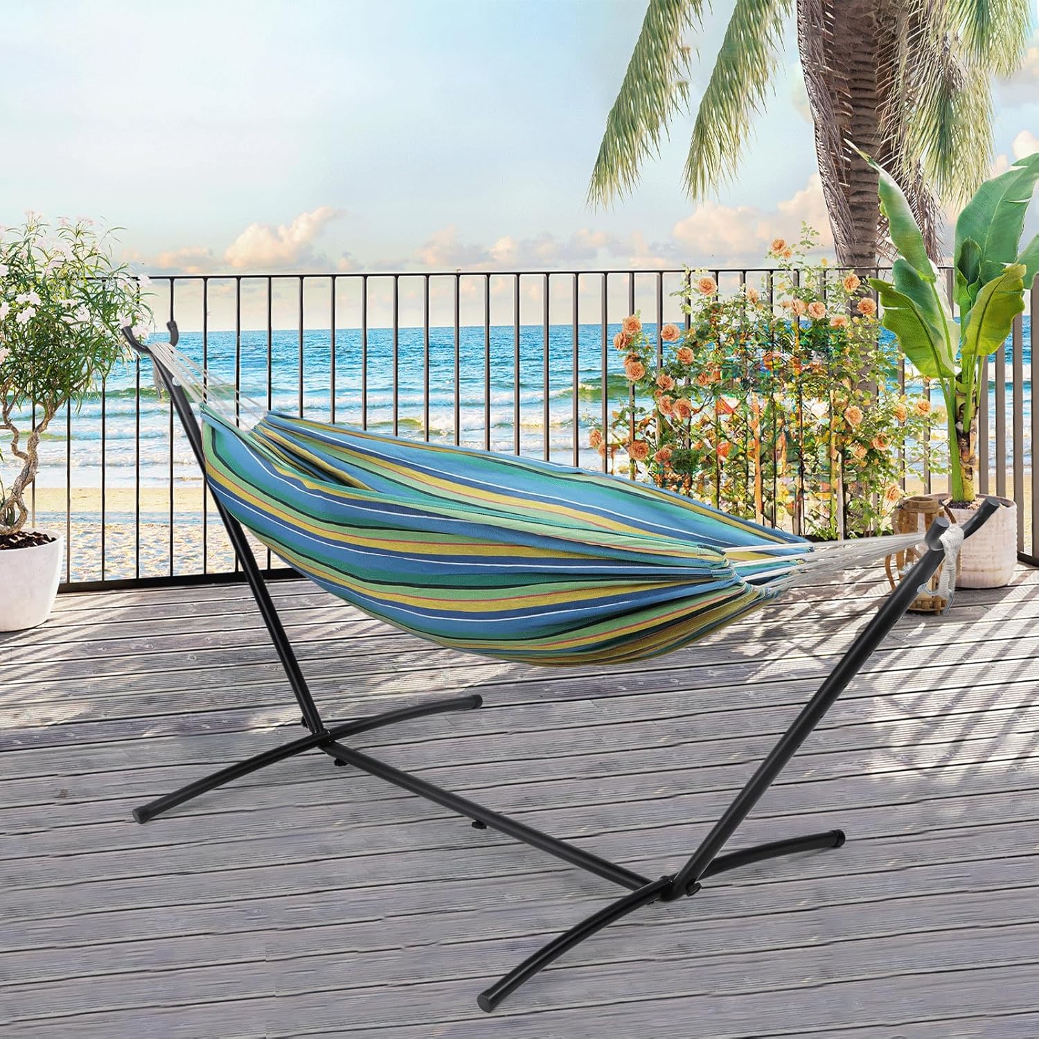 Athena Collection Double Hammock with Stand for Outside, Heavy-Duty Steel Stand 250 Lbs Weight Capacity, Portable Outdoor Hammock Swing with Carry Bag for Indoor, Outdoor, Backyard, Blue Yellow