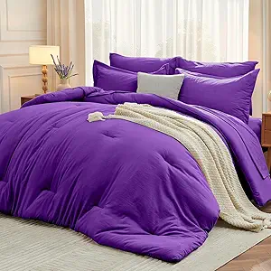 MUXHOMO 7 Pieces Queen Comforter Set, Soft Bed in a Bag Queen Size, All Season Bedding Set with Comforter, Flat Sheet, Fitted Sheet, Pillowcases & Shams, Purple