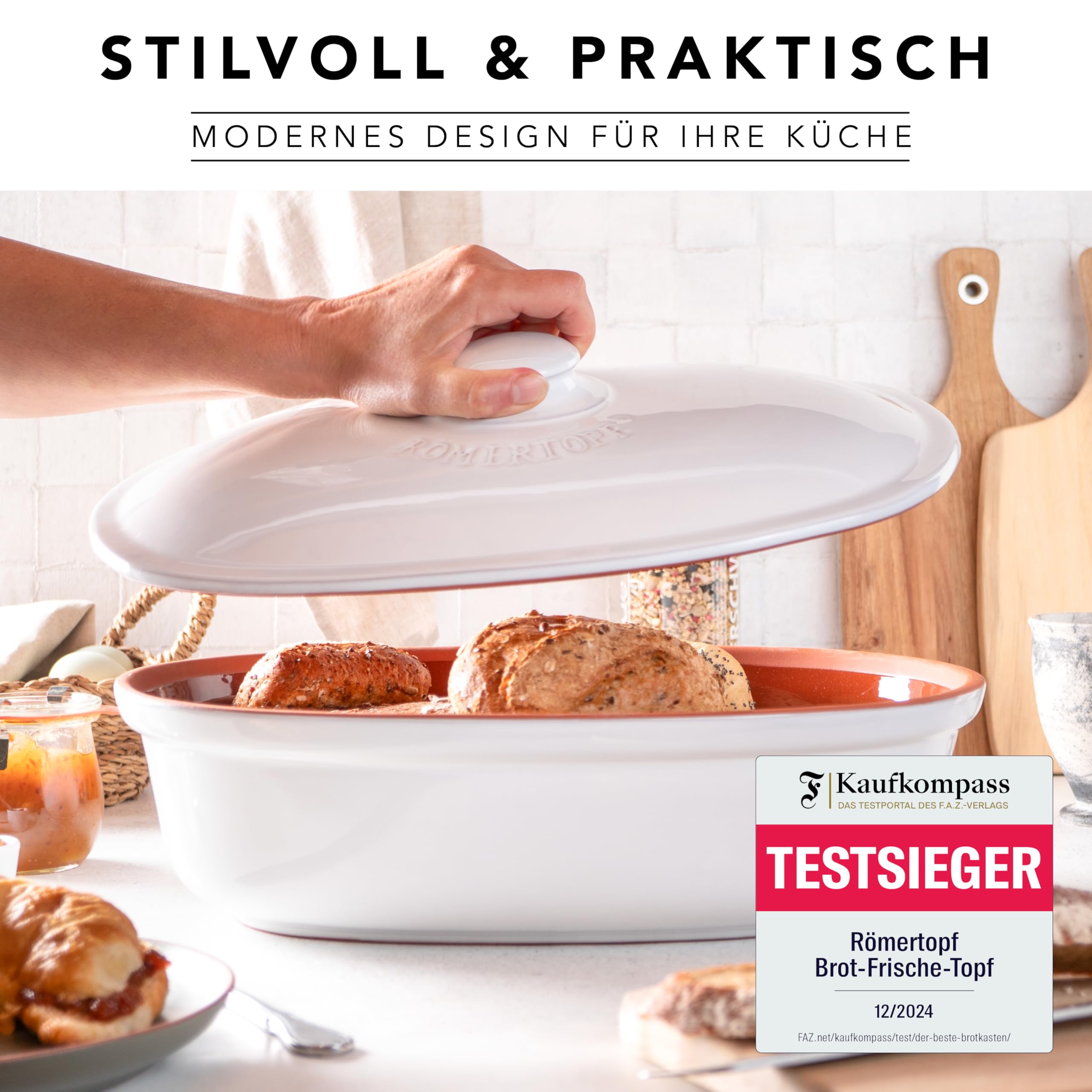 Römertopf Brottopf weiß 6,5 Liter – ovaler Brotbehälter aus natürlicher Keramik mit Deckel – zur Aufbewahrung von Brot, Brötchen, Obst & Gemüse – atmungsaktiv & spülmaschinengeeignet