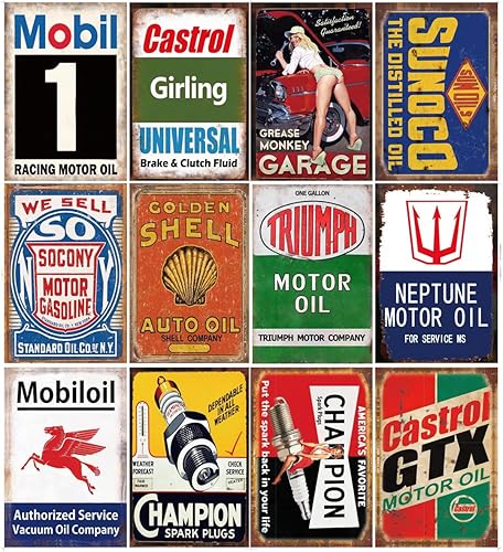 12 letreros de lata de gas y aceite, letrero de metal retro vintage para el hogar, hombre, cueva, garaje, 8 x 12 pulgadas