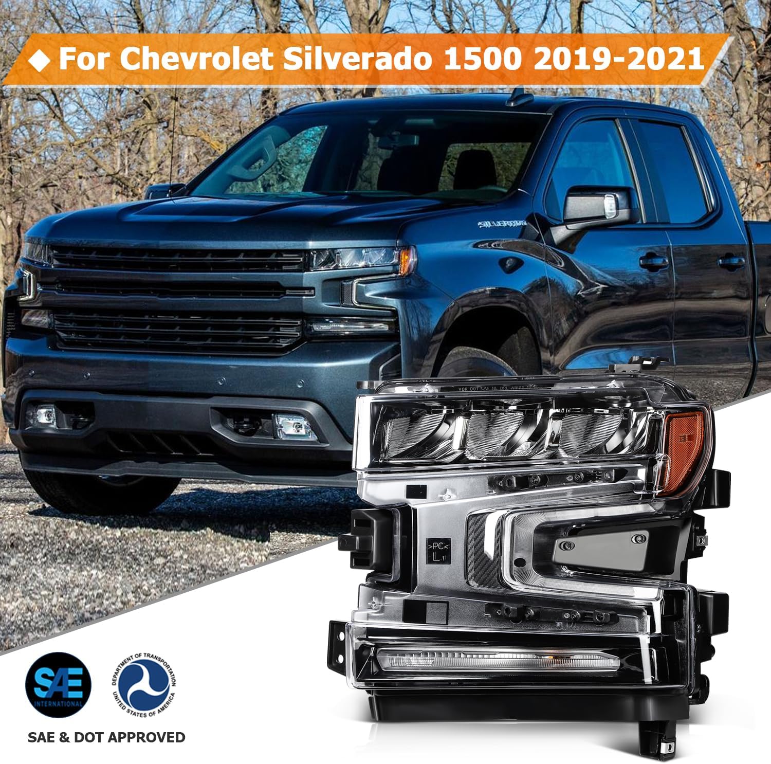 Headlight Assembly Fit For Chevy Silverado 1500 2019-2021 Black Housing Amber Reflector Clear Lens Driver Side GM2502491 GM250349184621848 84621849