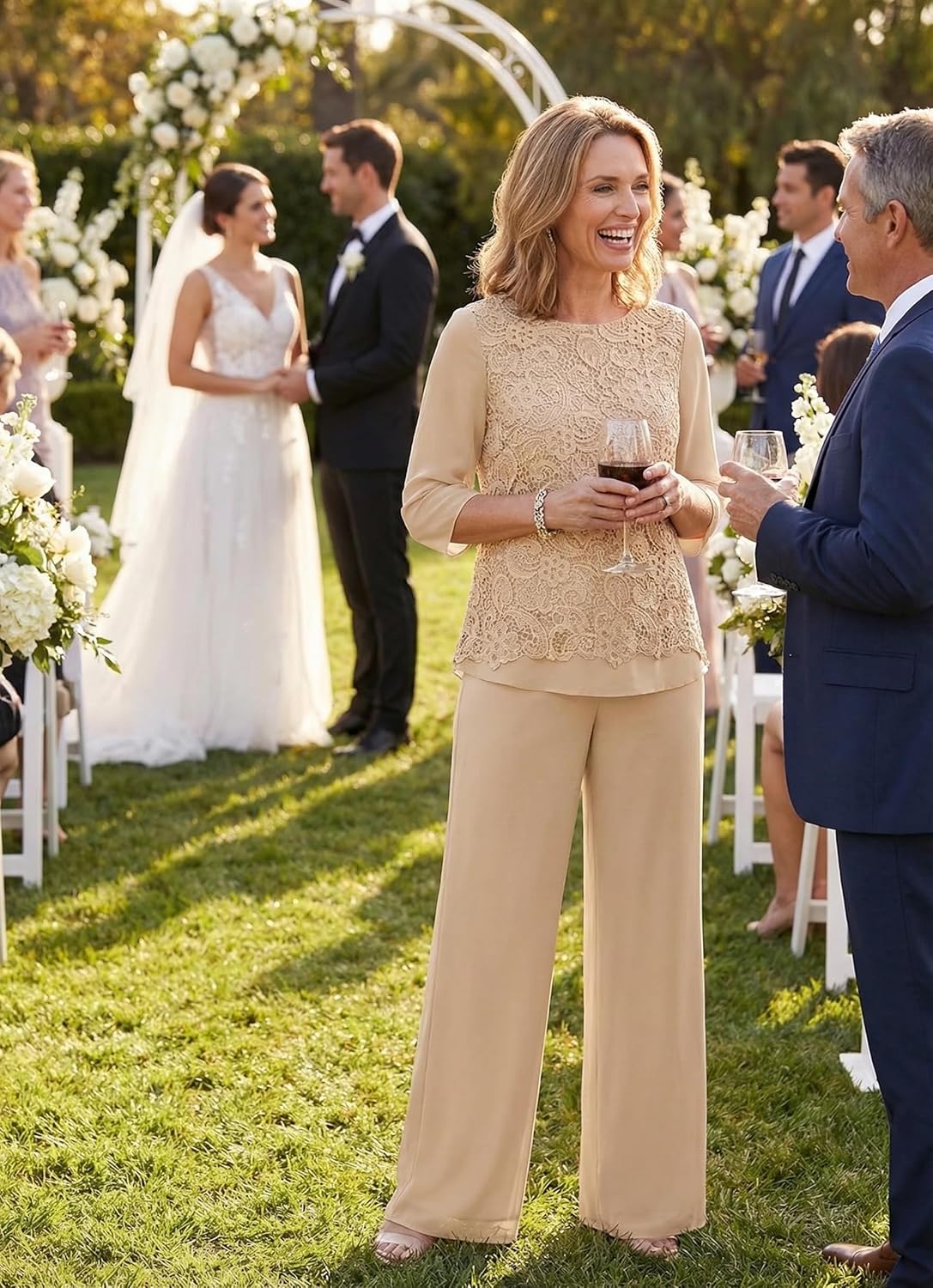 2 Pieces Mother of The Bride Pant Suits Chiffon Lace Appliques Scoop Neck Formal Wedding Guest Pantsuits WT034