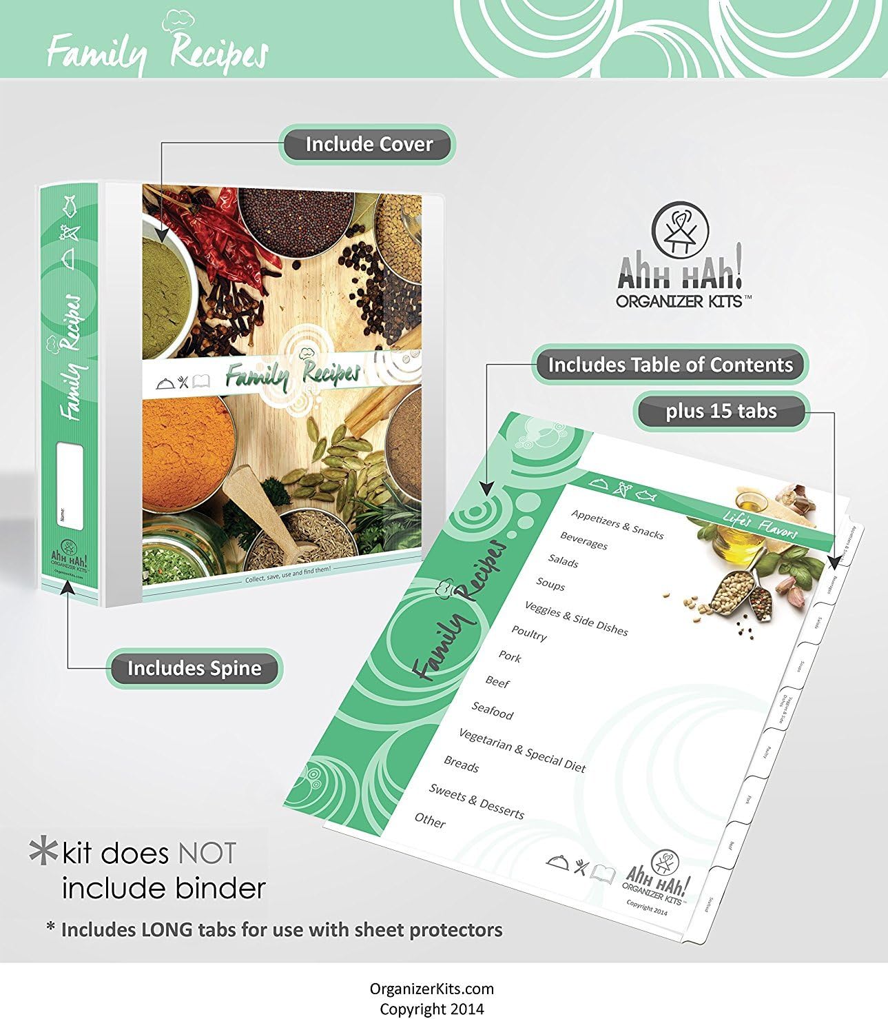 Recipe Organizer Kit for Your 3 Ring Binder. Durable Inserts, Professionally Printed Wide tabs Extending Past Sheet Protectors. Preserve Your Culinary Favorites for Generations. Easy Organization.