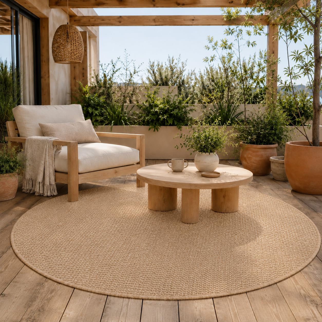 Tapis outdoor imperméable Snapstyle Porto rond pour protéger le sol du balcon