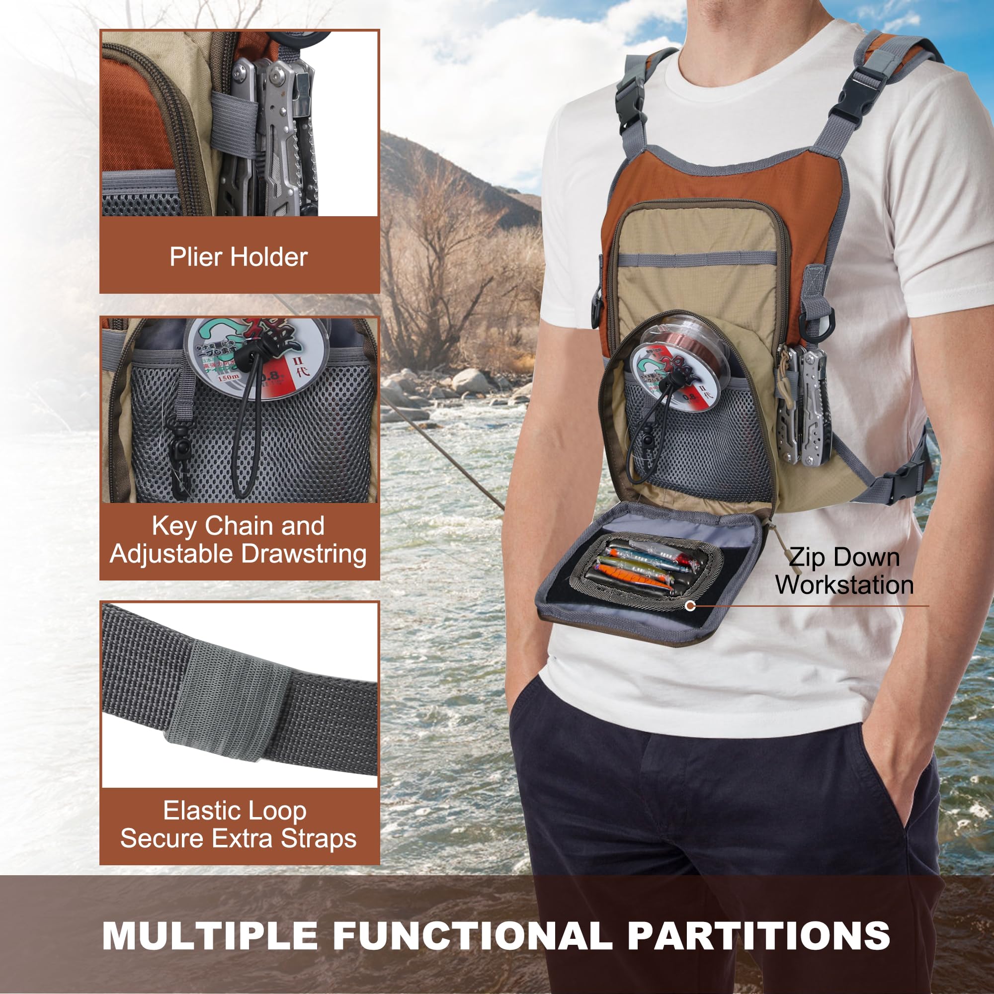 Paquete de Cofre de Pesca con Mosca, Mochila de Pesca pequeña y Ligera, con múltiples Compartimentos, Bolsa de Pesca pequeña para hasta 4 Cajas de Aparejos/Moscas, Naranja y Gris, Bolsas de