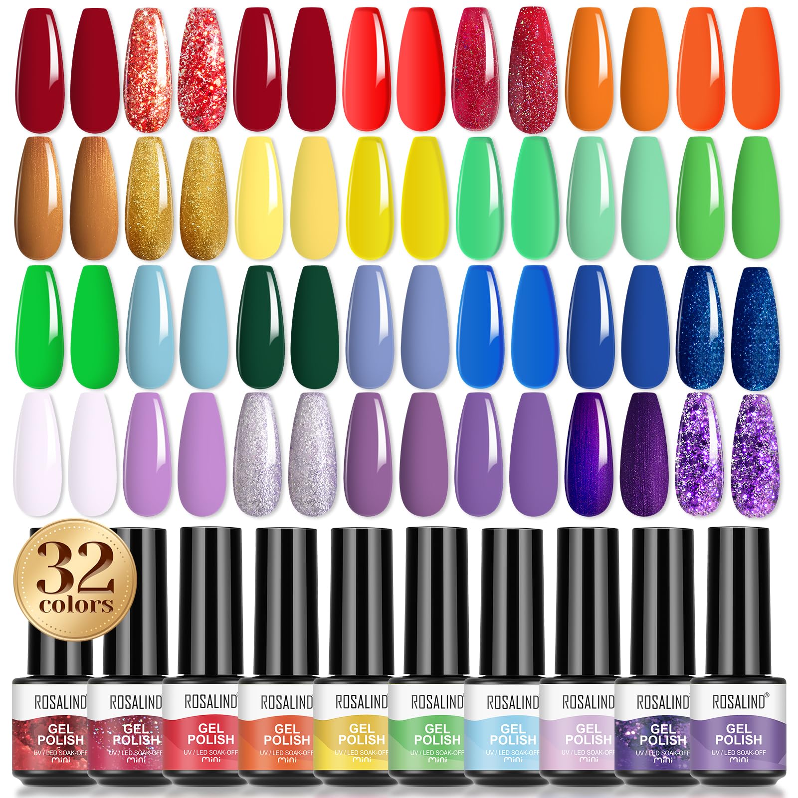 ROSALIND 32 PCS Esmalte Semipermanente, 28 Colores Pintauñas Semipermanentes con Base Top Coat Matte Primer, UV LED Esmalte de Uñas Semipermanentes Rojo Verde Azul Morado Esmaltes Navidad Mini