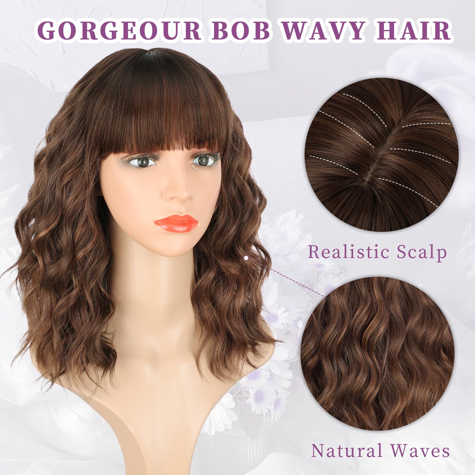 Amazon.com : Lativ Brown Highlights Wig with Bangs Short  display picture 2