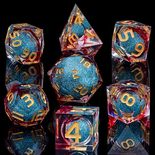 Miniatura 2 de DND - Juego de dados de núcleo líquido con caja, dados de resina de borde afilado rojo, juego de dados poliédricos D y D hechos a mano transparentes