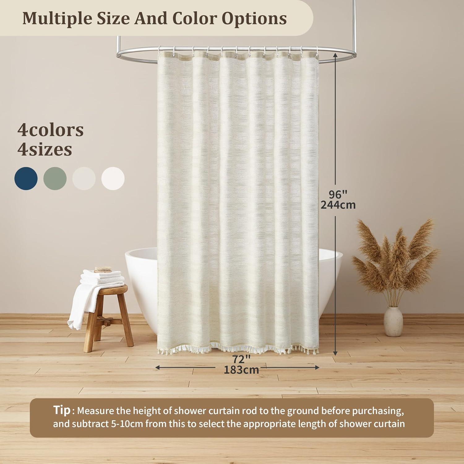 Siiluminisoy 96 Inch Long Shower Curtain Boho Linen Shower Curtain for Bathroom Rustic Striped French Country Shower Curtains Fabric, Beige/Cream