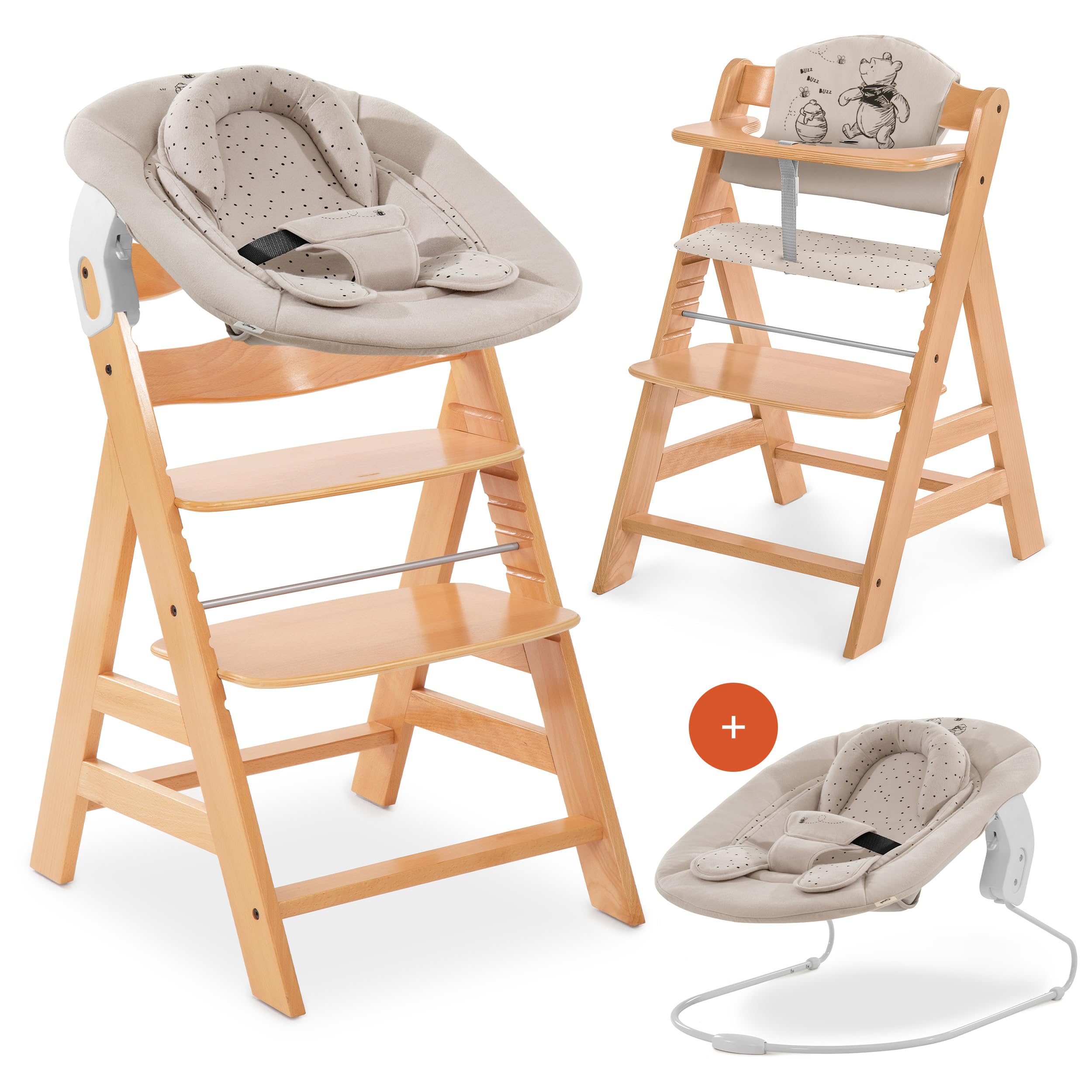 hauck Hochstuhl Alpha+ Newborn Set mit 2in1 Bouncer - Mitwachsender Holz Babyhochstuhl ab Geburt, inkl. Sitzauflage & Neugeborenenaufsatz - Natur | Winnie the Pooh