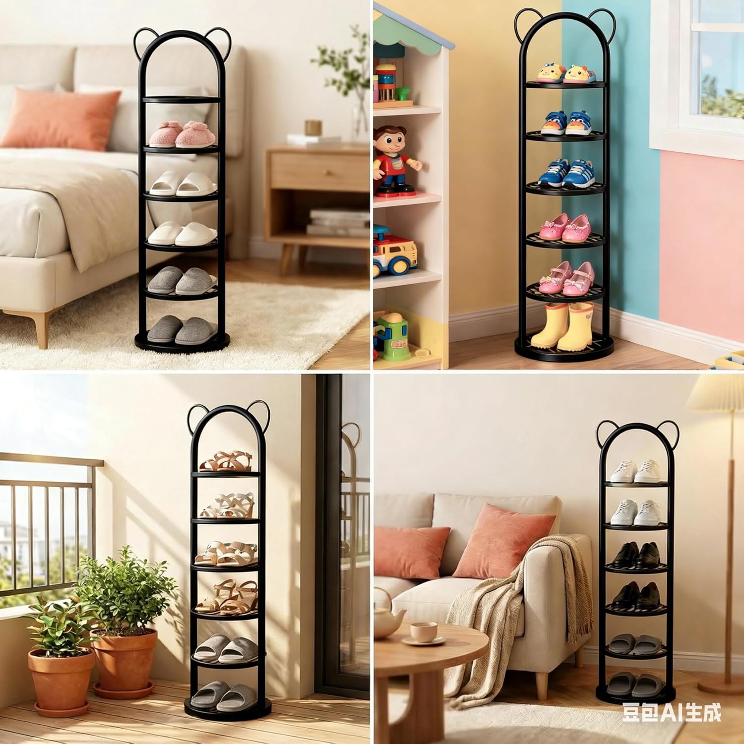 6-Tier Gold Vertical Shoe Rack, Slim Metal Corner Shoe Shelf Organizer for Small Spaces, Cute Cat Ear Slipper Stand Holder, Narrow Storage Tower for Entryway, Bedroom, Closet & Dorm (Black)