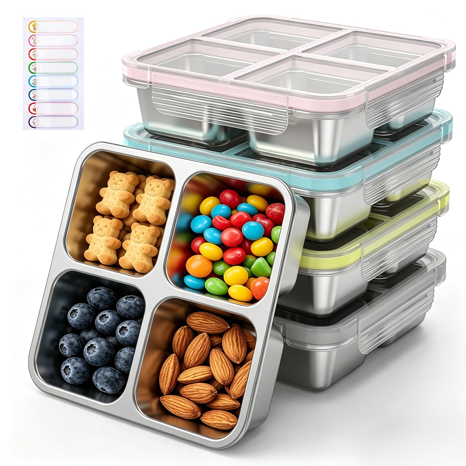 JINDUN Fiambrera con 4 compartimentos de acero inoxidable, 4 unidades, 600 ml, reutilizable, con compartimentos, para escuela, trabajo y camping