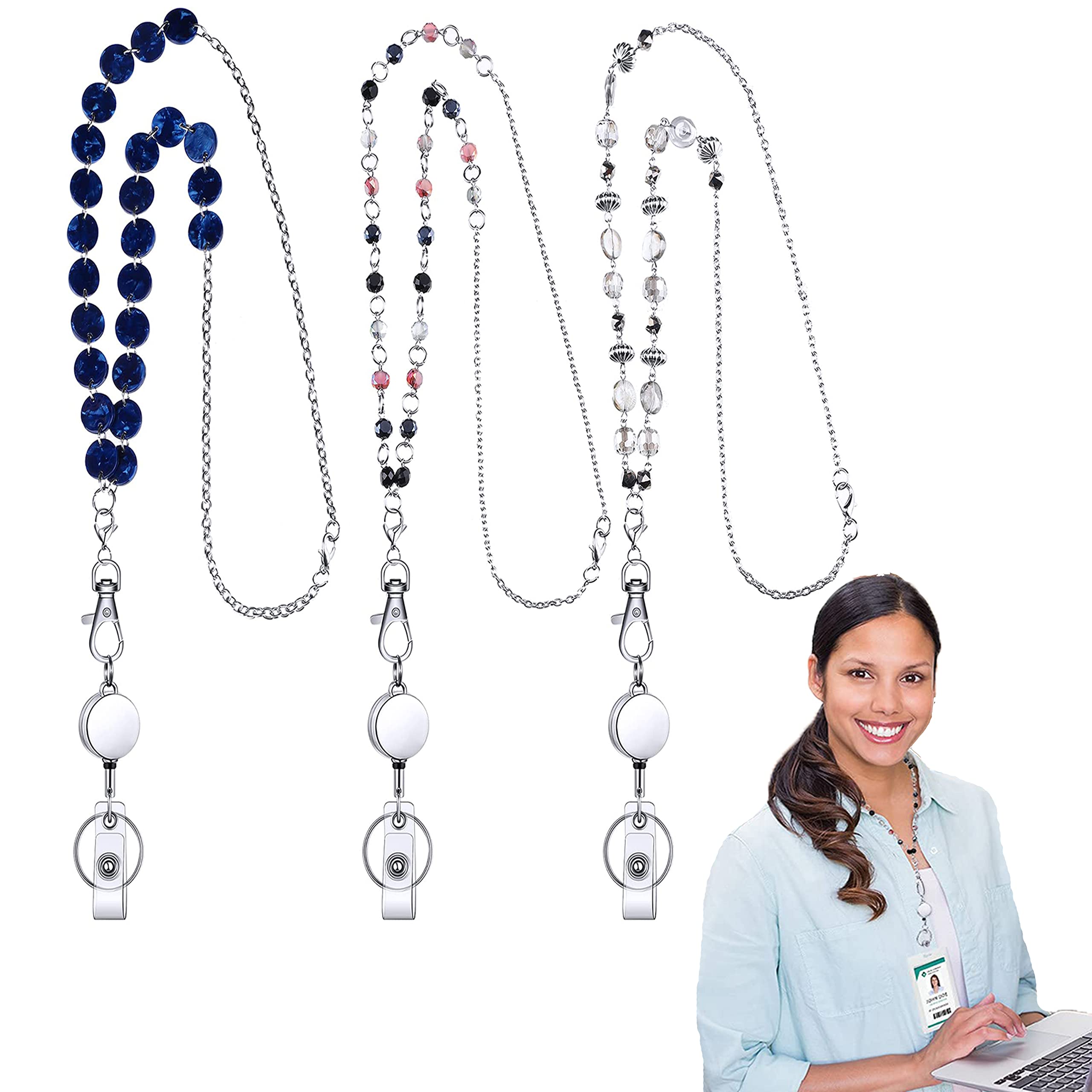 KASTWAVE 3 Pieces ID Badge Lanyard Necklace with ID Holder Clip Stainless Steel Beaded Chain Retractable Badge Reel Valentine Present (Retro Style)