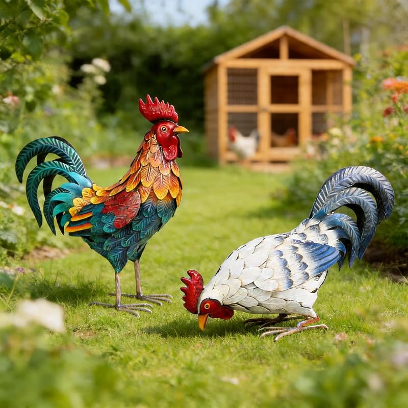 Shorayn Metal Rooster Statues, Outdoor Garden Metal Chicken Decor, Garden Sculptures Chicken Ornaments Yard Art for Backyard Patio Lawn Decorations, Set of 2